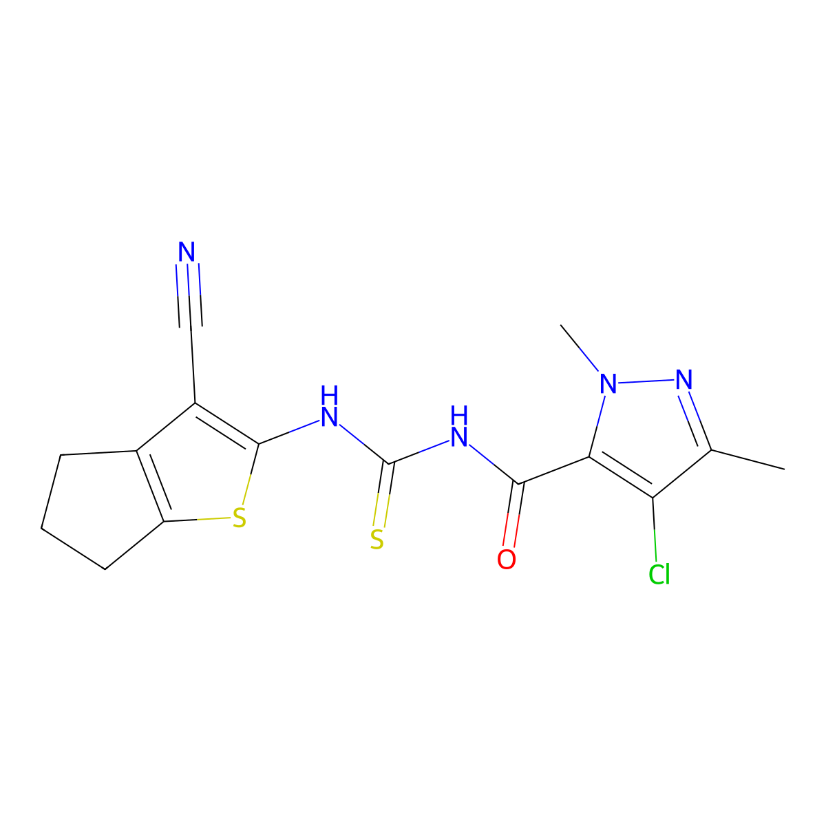 4-chloro-N-[(3-cyano-5,6-dihydro-4H-cyclopenta[b]thiophen-2-yl)carbamothioyl]-2,5-dimethylpyrazole-3-carboxamide molecular structure, CAS 494219-31-7