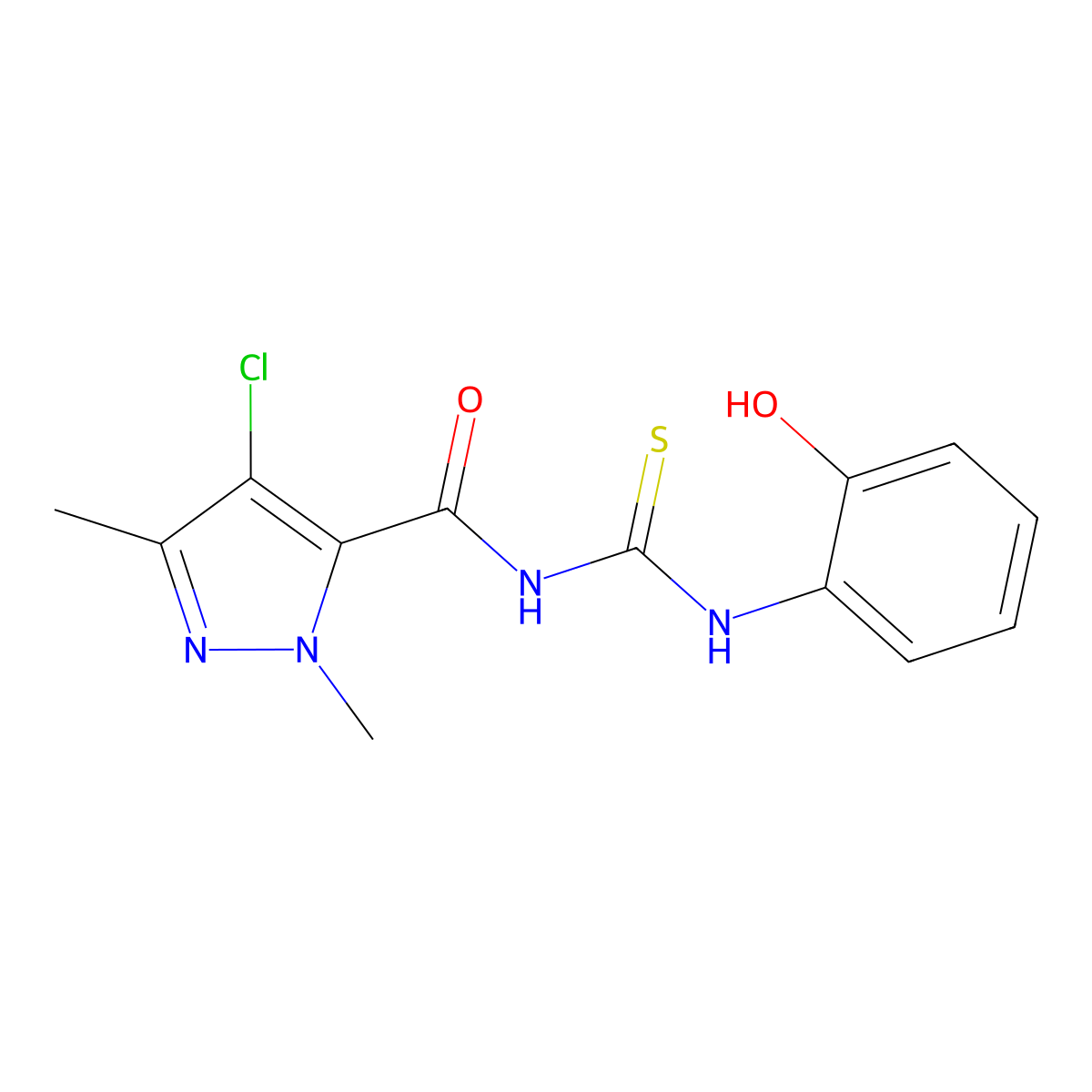 N-[(4-chloro-1,3-dimethyl-1H-pyrazol-5-yl)carbonyl]-N'-(2-hydroxyphenyl)thiourea molecular structure, CAS 494219-43-1
