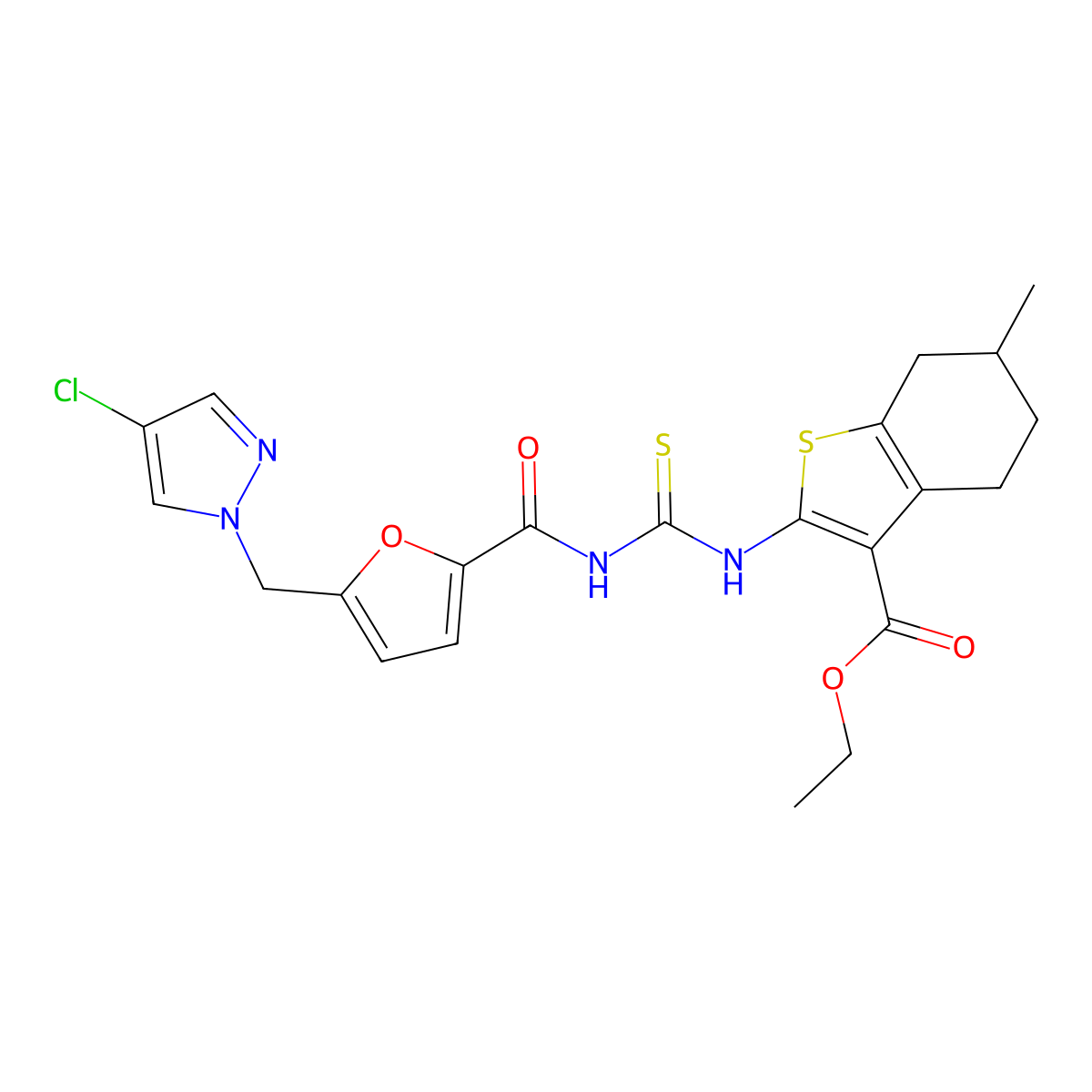 2-[[[[[5-[(4-Chloro-1-pyrazolyl)methyl]-2-furanyl]-oxomethyl]amino]-sulfanylidenemethyl]amino]-6-methyl-4,5,6,7-tetrahydro-1-benzothiophene-3-carboxylic acid ethyl ester molecular structure, CAS 494219-46-4