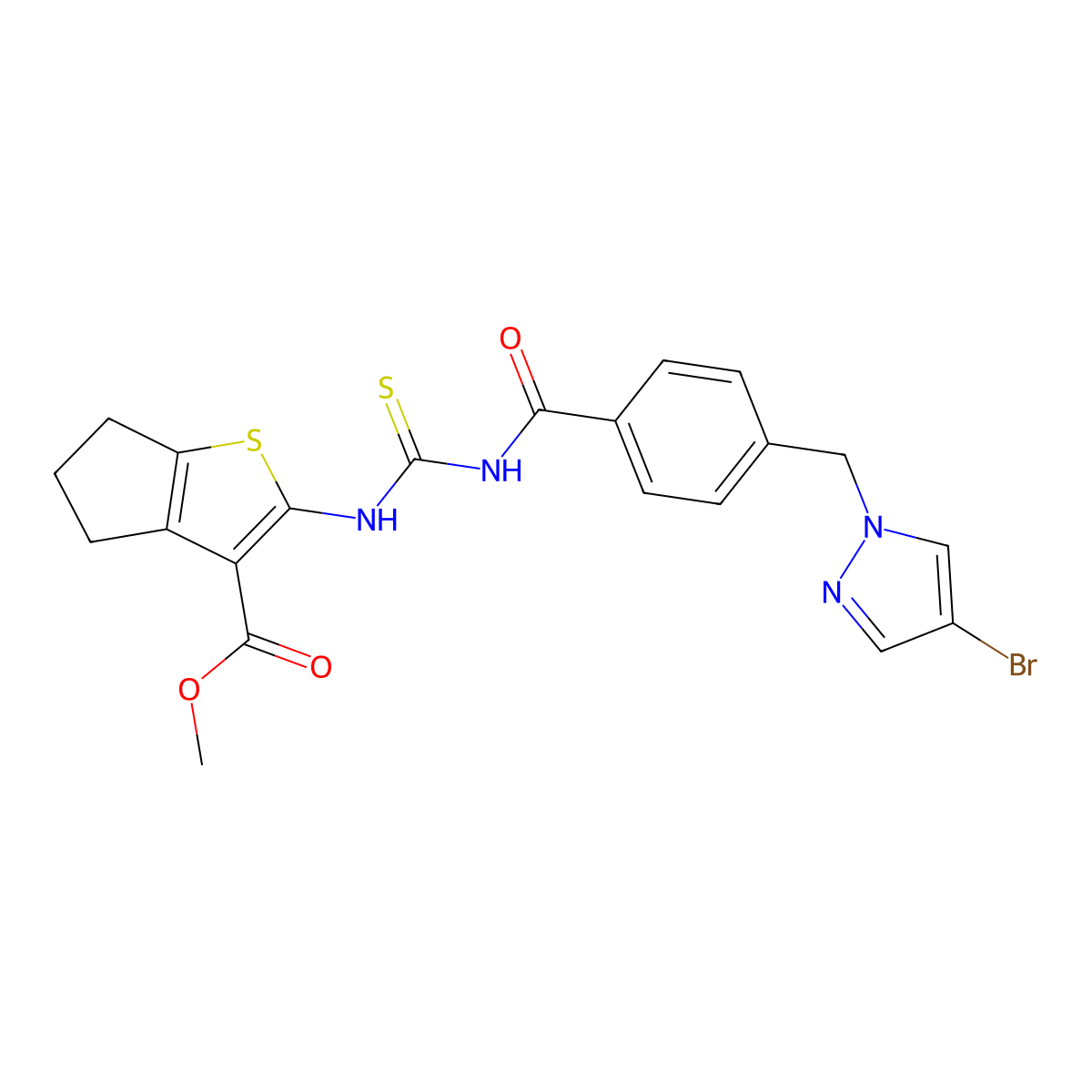 methyl 2-{[({4-[(4-bromo-1H-pyrazol-1-yl)methyl]benzoyl}amino)carbothioyl]amino}-5,6-dihydro-4H-cyclopenta[b]thiophene-3-carboxylate molecular structure, CAS 494219-65-7