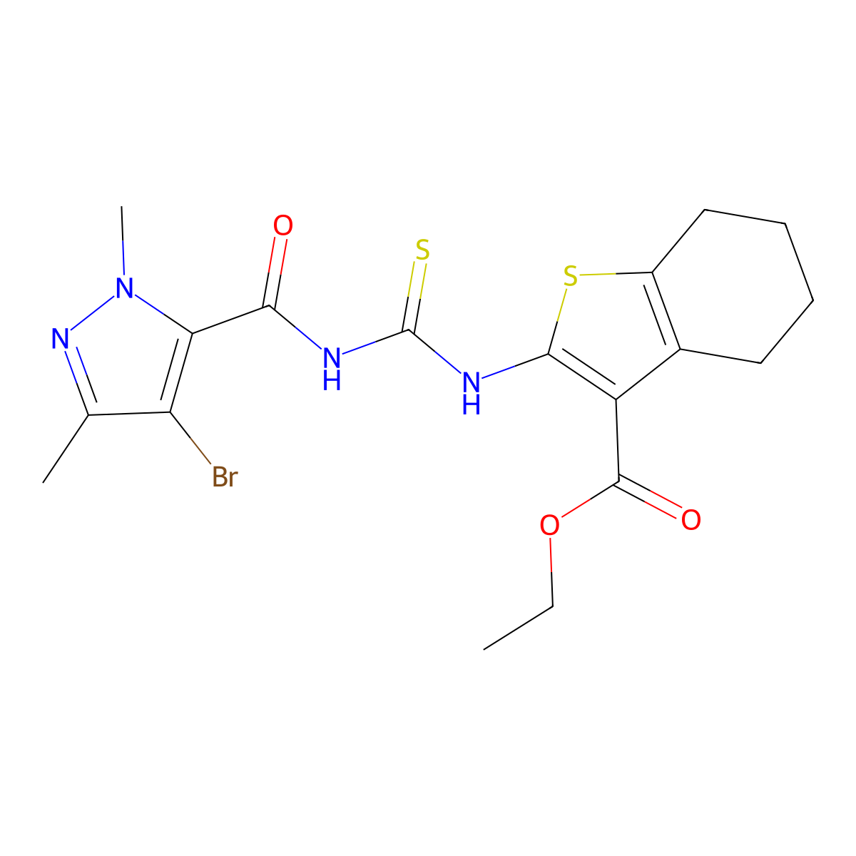 Ethyl 2-[(4-bromo-2,5-dimethylpyrazole-3-carbonyl)carbamothioylamino]-4,5,6,7-tetrahydro-1-benzothiophene-3-carboxylate molecular structure, CAS 494219-79-3