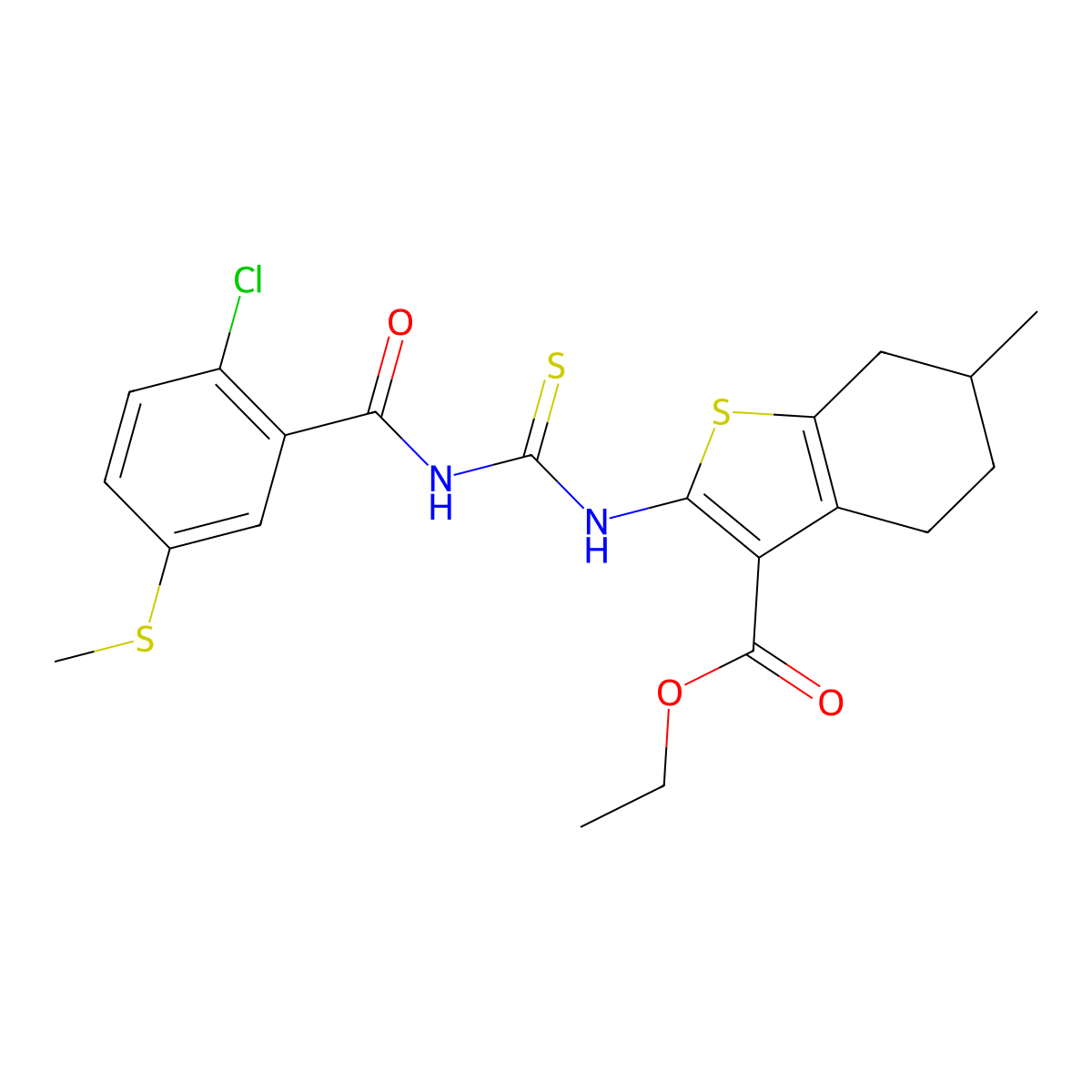 Ethyl 2-[({[2-chloro-5-(methylsulfanyl)benzoyl]amino}carbothioyl)amino]-6-methyl-4,5,6,7-tetrahydro-1-benzothiophene-3-carboxylate molecular structure, CAS 494219-83-9
