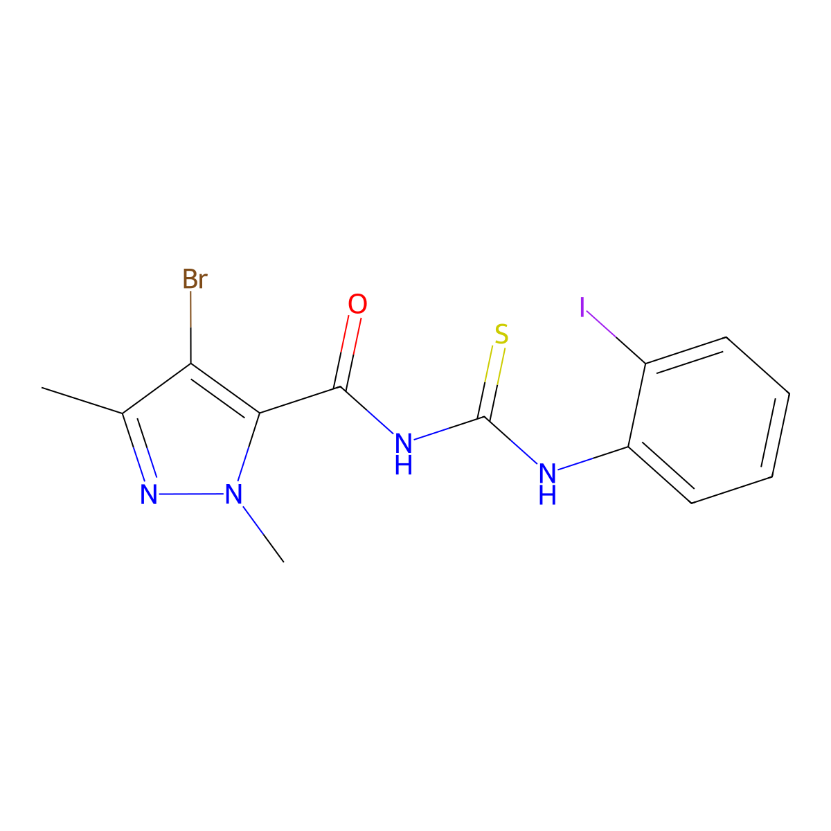 4-bromo-N-[(2-iodophenyl)carbamothioyl]-2,5-dimethylpyrazole-3-carboxamide molecular structure, CAS 494219-86-2