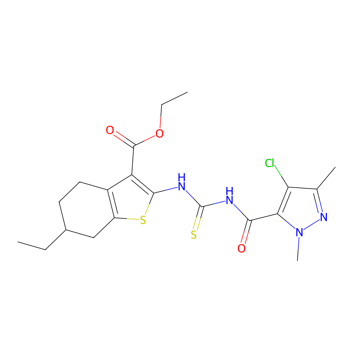 ethyl 2-[({[(4-chloro-1,3-dimethyl-1H-pyrazol-5-yl)carbonyl]amino}carbothioyl)amino]-6-ethyl-4,5,6,7-tetrahydro-1-benzothiophene-3-carboxylate molecular structure, CAS 494219-94-2