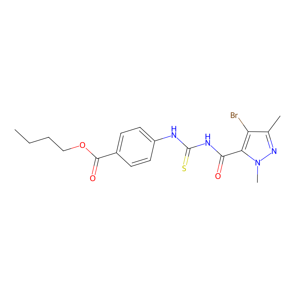 butyl 4-[({[(4-bromo-1,3-dimethyl-1H-pyrazol-5-yl)carbonyl]amino}carbothioyl)amino]benzoate molecular structure, CAS 494219-97-5