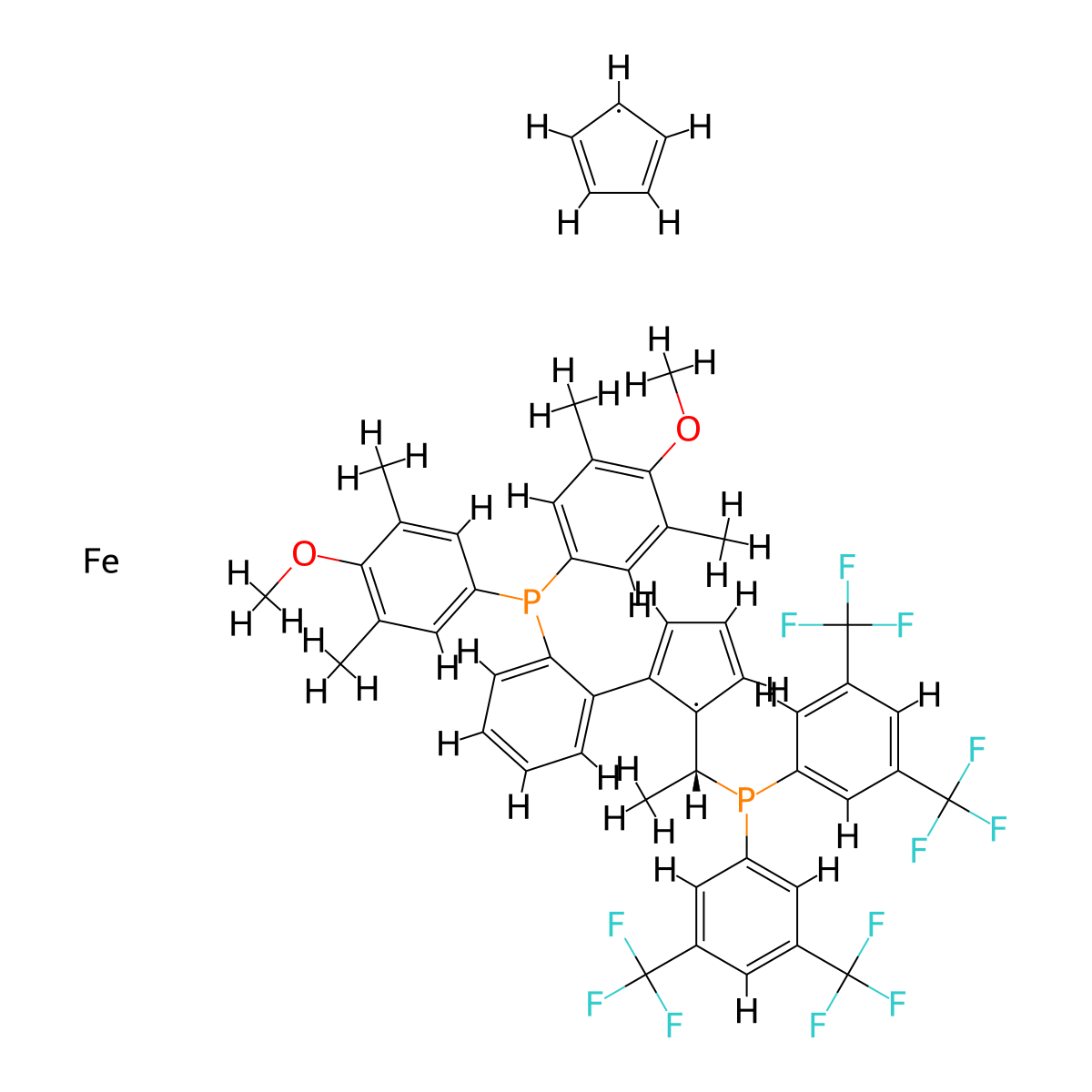 (1R)-1-[(1R)-1-[Bis[3,5-bis(trifluoromethyl)phenyl]phosphino]ethyl]-2-[2-[bis(4-methoxy-3,5-dimethylphenyl)phosphino]phenyl]Ferrocene molecular structure, CAS 494227-30-4