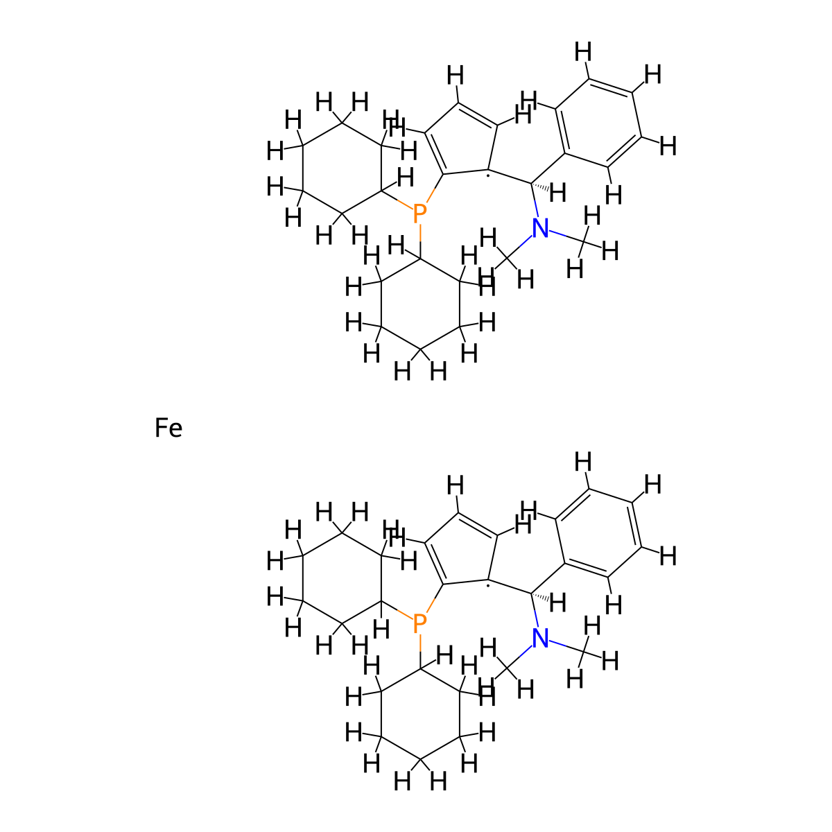 (R,R)-1,1'-Bis(dicyclohexylphosphino)-2,2'-bis[(R)-α-(dimethylamino)benzyl]ferrocene molecular structure, CAS 494227-35-9