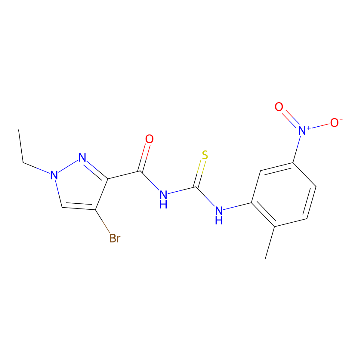 4-bromo-1-ethyl-N-[(2-methyl-5-nitrophenyl)carbamothioyl]pyrazole-3-carboxamide molecular structure, CAS 494745-80-1