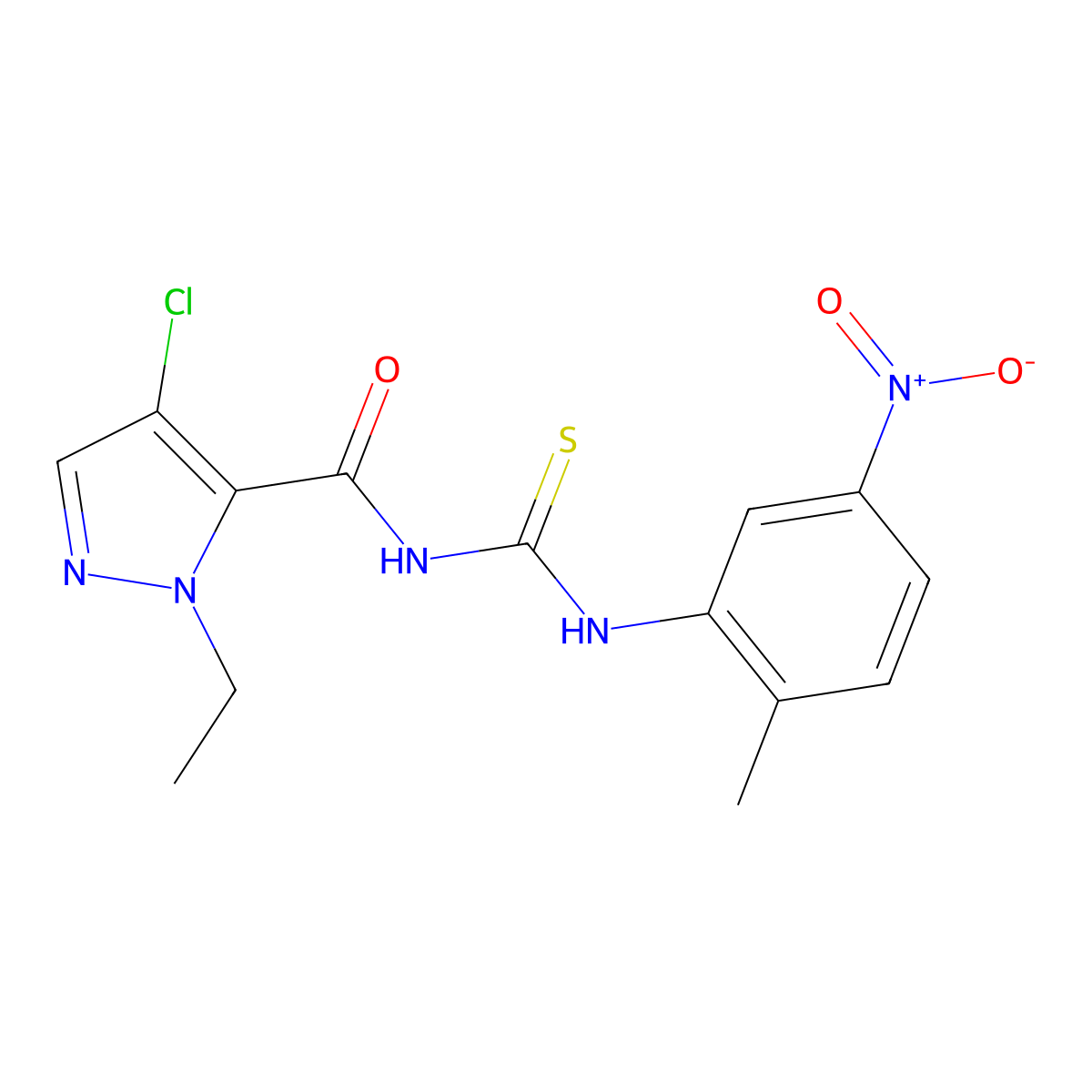 4-chloro-2-ethyl-N-[(2-methyl-5-nitrophenyl)carbamothioyl]pyrazole-3-carboxamide molecular structure, CAS 494746-43-9