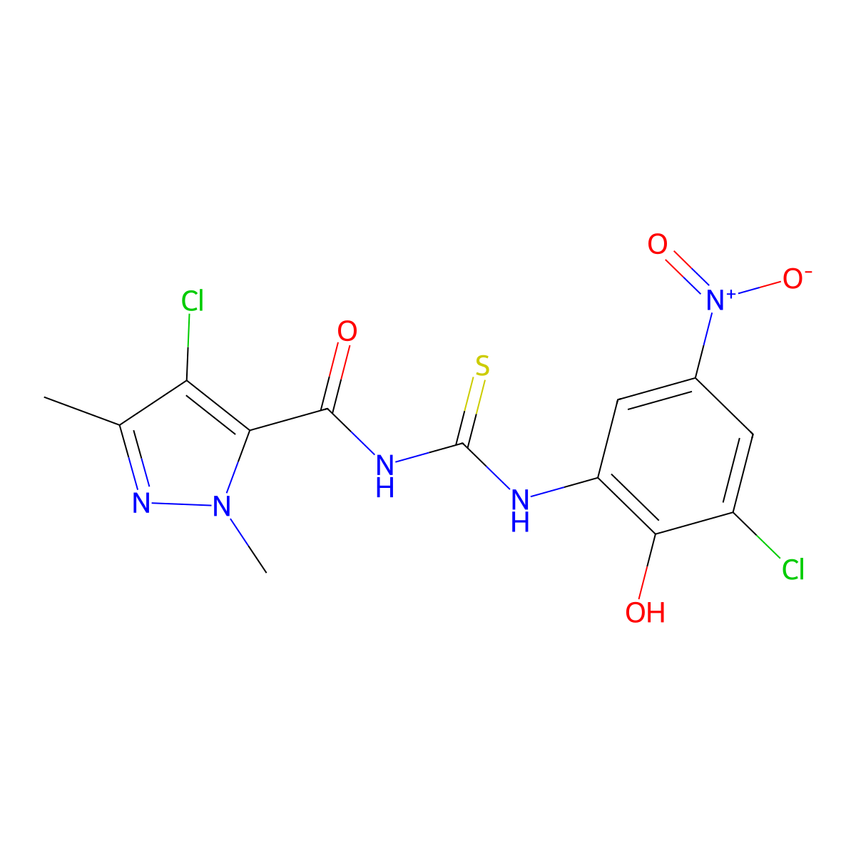 4-chloro-N-[(3-chloro-2-hydroxy-5-nitrophenyl)carbamothioyl]-2,5-dimethylpyrazole-3-carboxamide molecular structure, CAS 494746-48-4