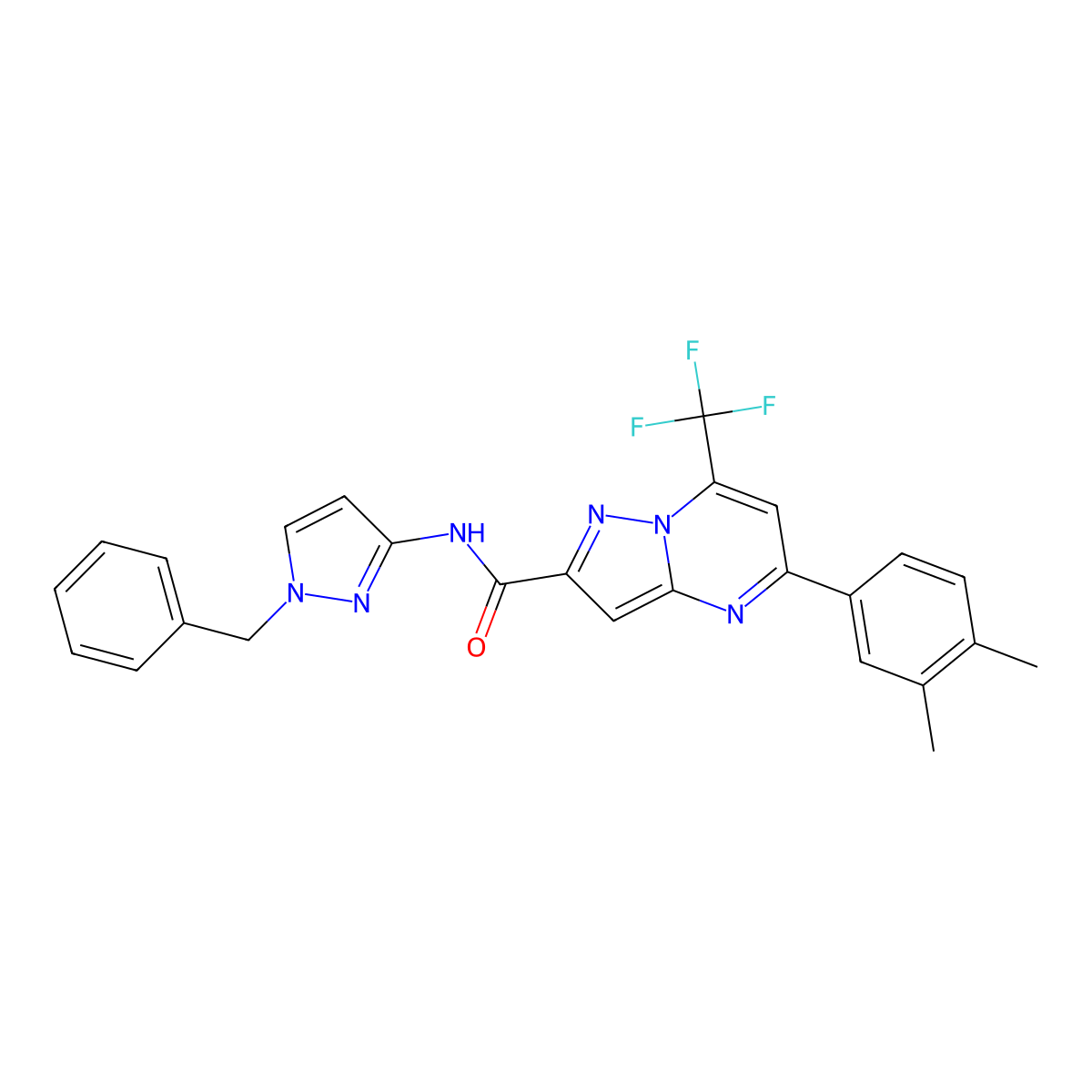 N-(1-benzyl-1H-pyrazol-3-yl)-5-(3,4-dimethylphenyl)-7-(trifluoromethyl)pyrazolo[1,5-a]pyrimidine-2-carboxamide molecular structure, CAS 494747-29-4