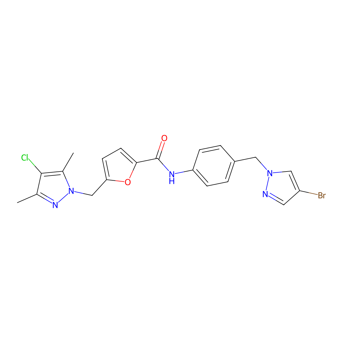 N-[4-[(4-bromopyrazol-1-yl)methyl]phenyl]-5-[(4-chloro-3,5-dimethylpyrazol-1-yl)methyl]furan-2-carboxamide molecular structure, CAS 494747-51-2