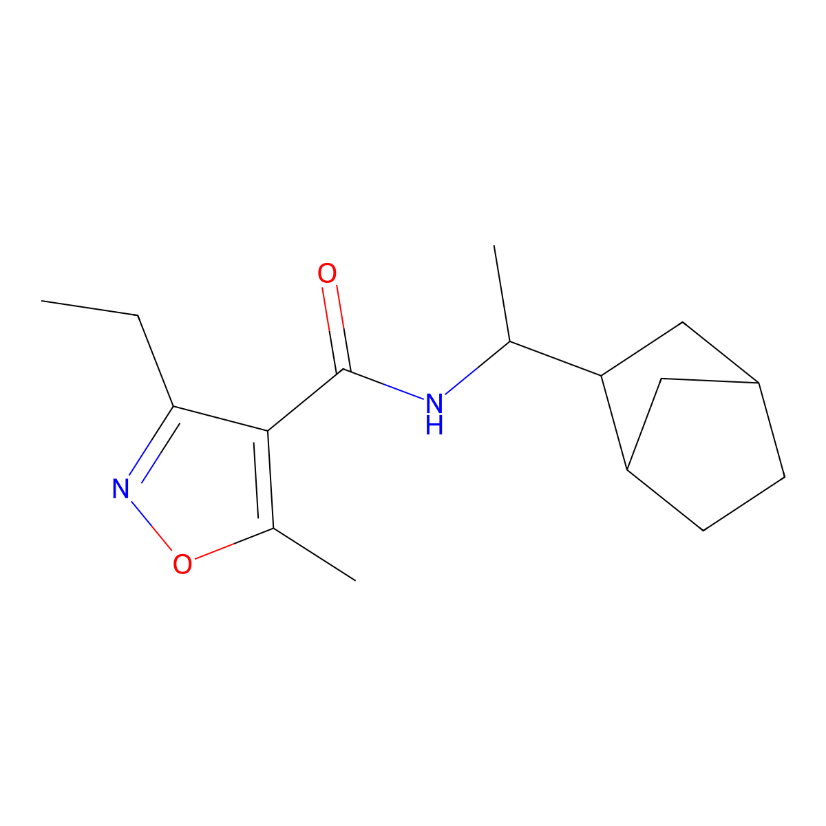 N-[1-(3-bicyclo[2.2.1]heptanyl)ethyl]-3-ethyl-5-methyl-1,2-oxazole-4-carboxamide molecular structure, CAS 494747-63-6