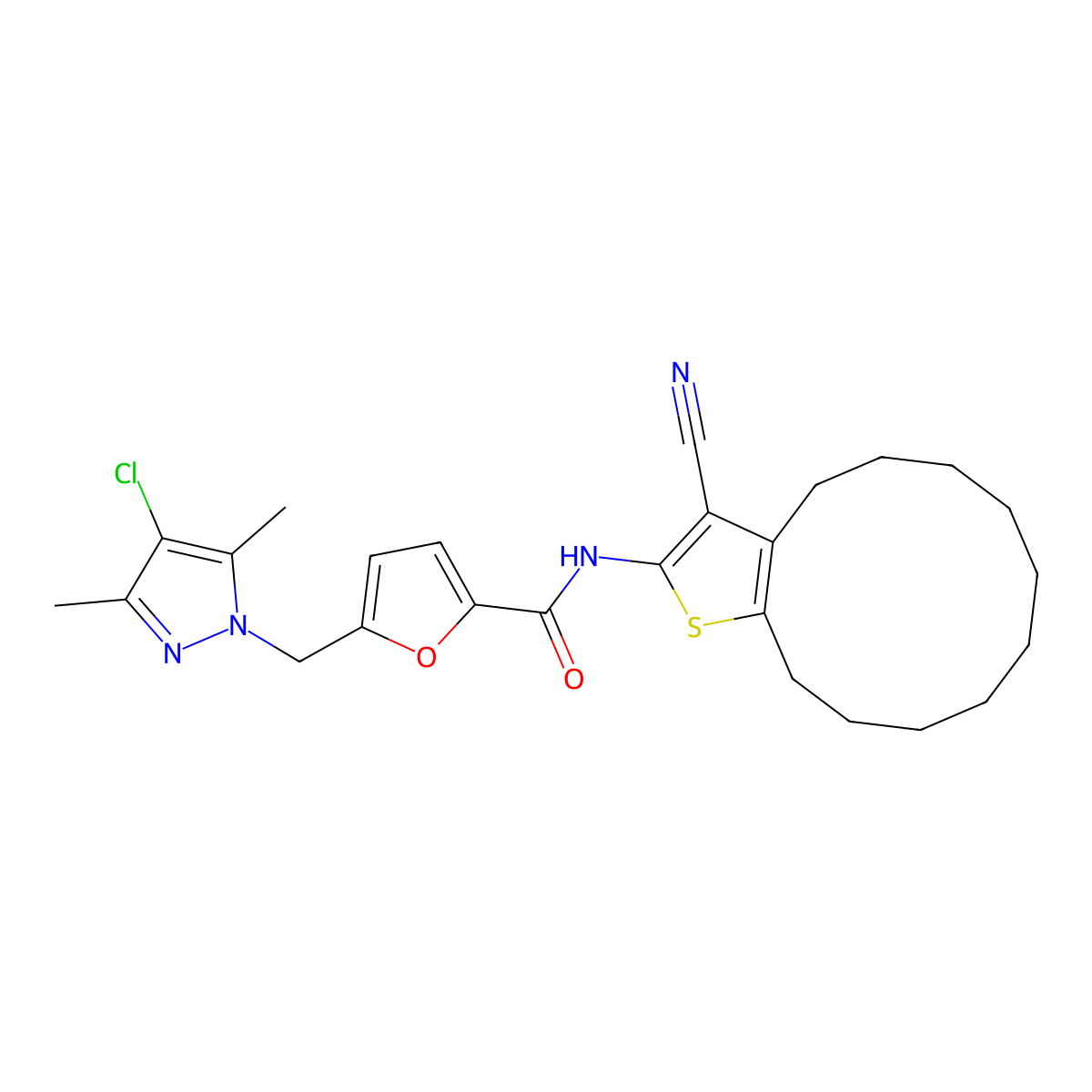 5-[(4-chloro-3,5-dimethylpyrazol-1-yl)methyl]-N-(3-cyano-4,5,6,7,8,9,10,11,12,13-decahydrocyclododeca[b]thiophen-2-yl)furan-2-carboxamide molecular structure, CAS 494747-64-7