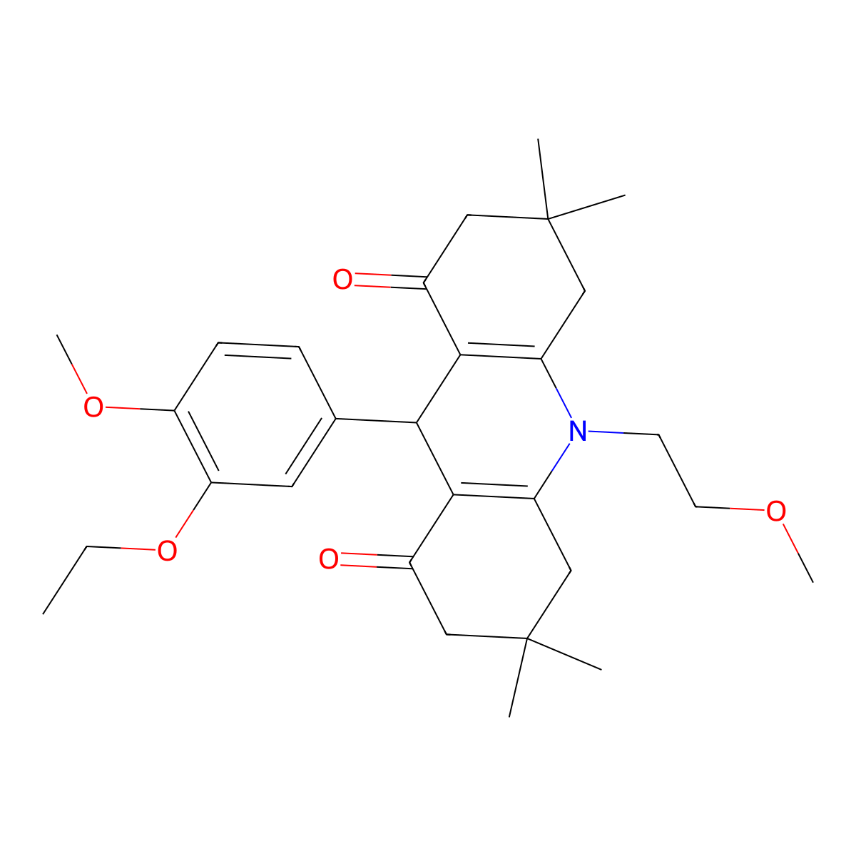 9-(3-ethoxy-4-methoxyphenyl)-10-(2-methoxyethyl)-3,3,6,6-tetramethyl-3,4,6,7,9,10-hexahydro-1,8(2H,5H)-acridinedione molecular structure, CAS 494759-49-8