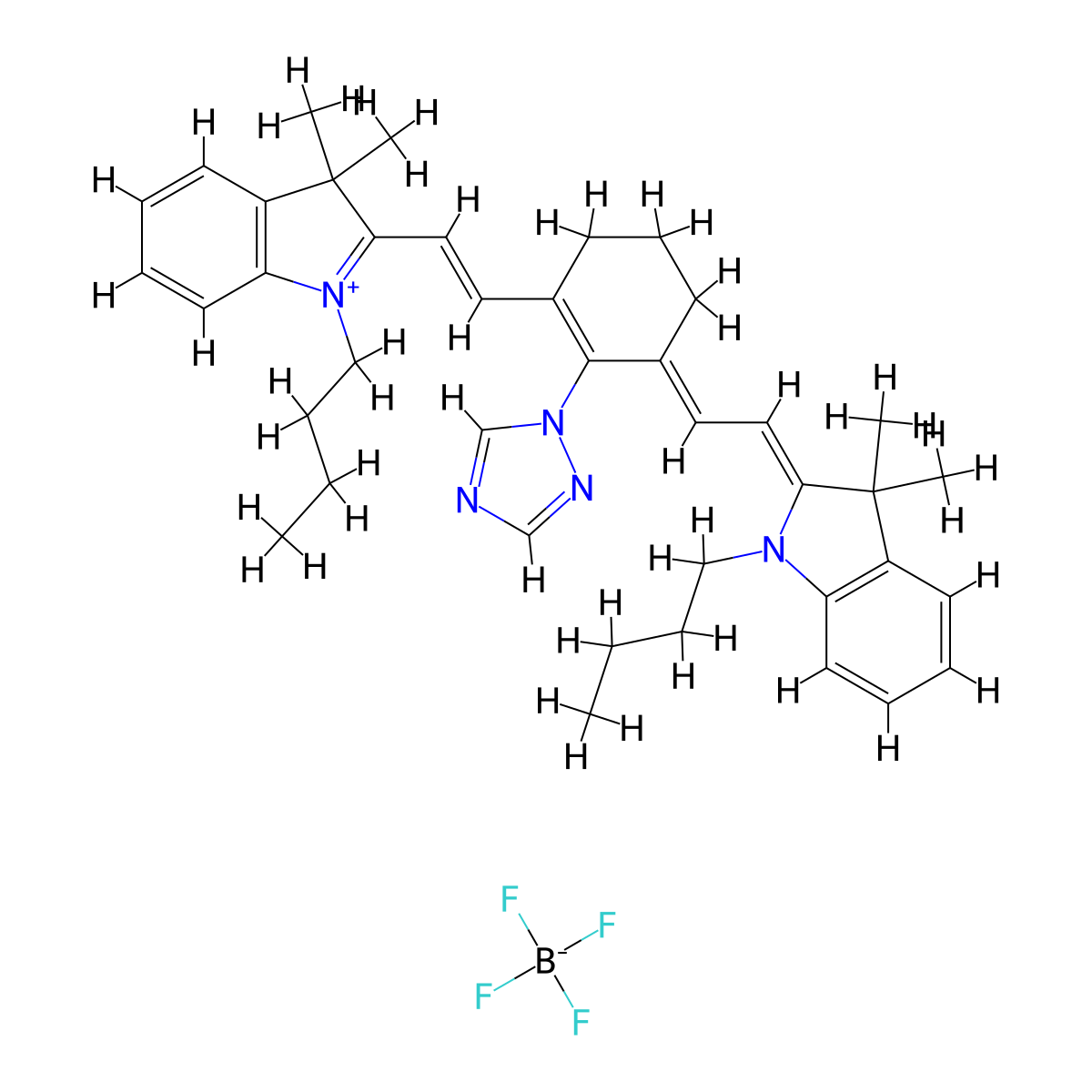 1-butyl-2-[(1E)-2-[(3E)-3-{2-[(2E)-1-butyl-3,3-dimethyl-2,3-dihydro-1H-indol-2-ylidene]ethylidene}-2-(1H-1,2,4-triazol-1-yl)cyclohex-1-en-1-yl]ethenyl]-3,3-dimethyl-3H-indol-1-ium; tetrafluoroboranuide molecular structure, CAS 494762-23-1