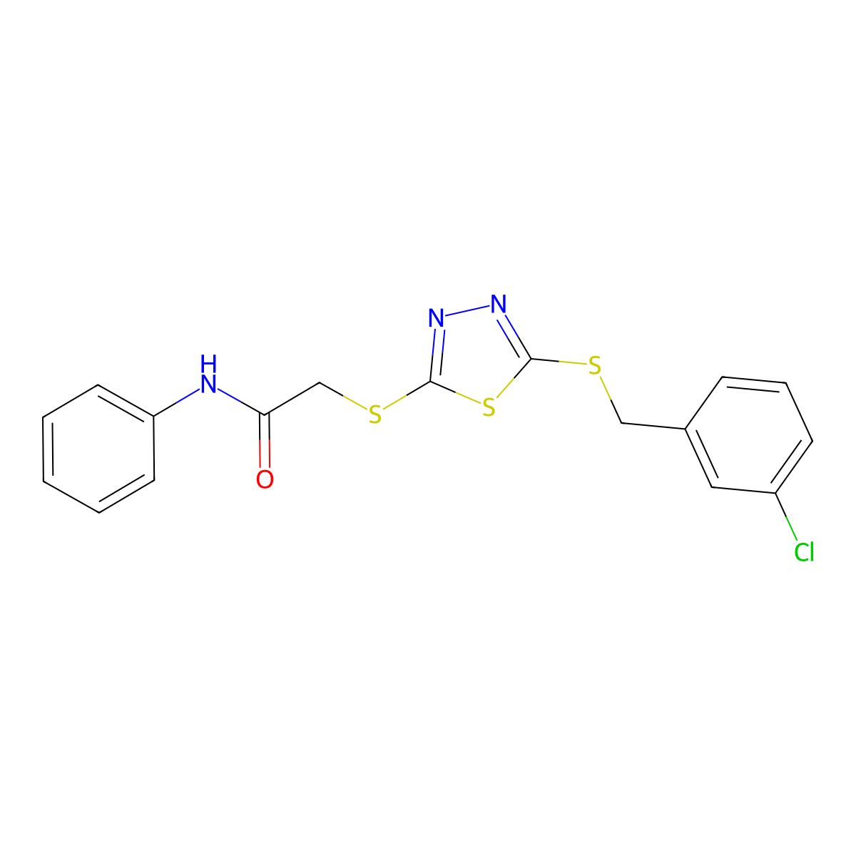 2-[5-(3-Chlorobenzylthio)-1,3,4-thiadiazol-2-ylthio]-N-phenylacetamide molecular structure, CAS 494763-23-4