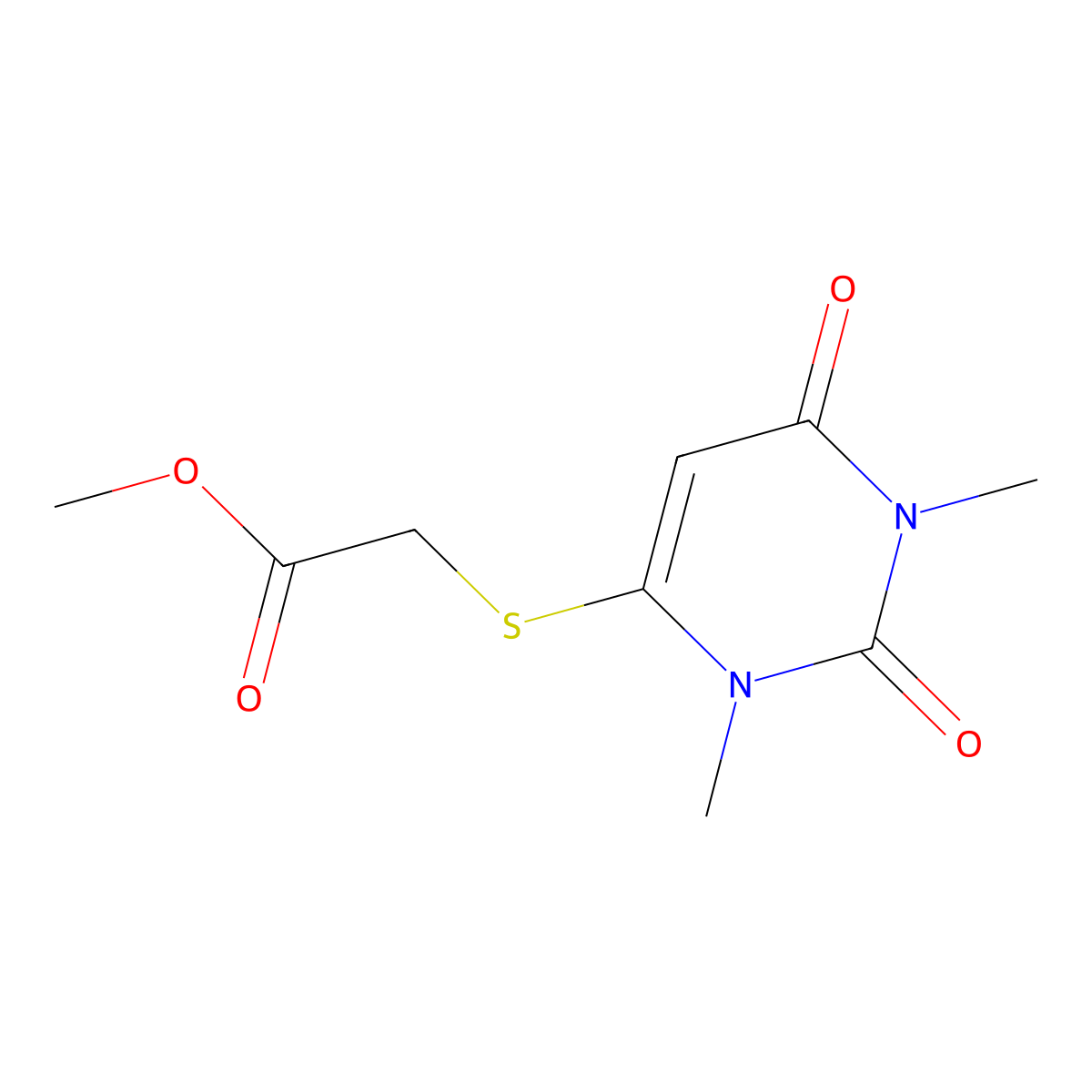 Methyl [(1,3-dimethyl-2,6-dioxo-1,2,3,6-tetrahydropyrimidin-4-yl)thio]acetate molecular structure, CAS 494763-49-4