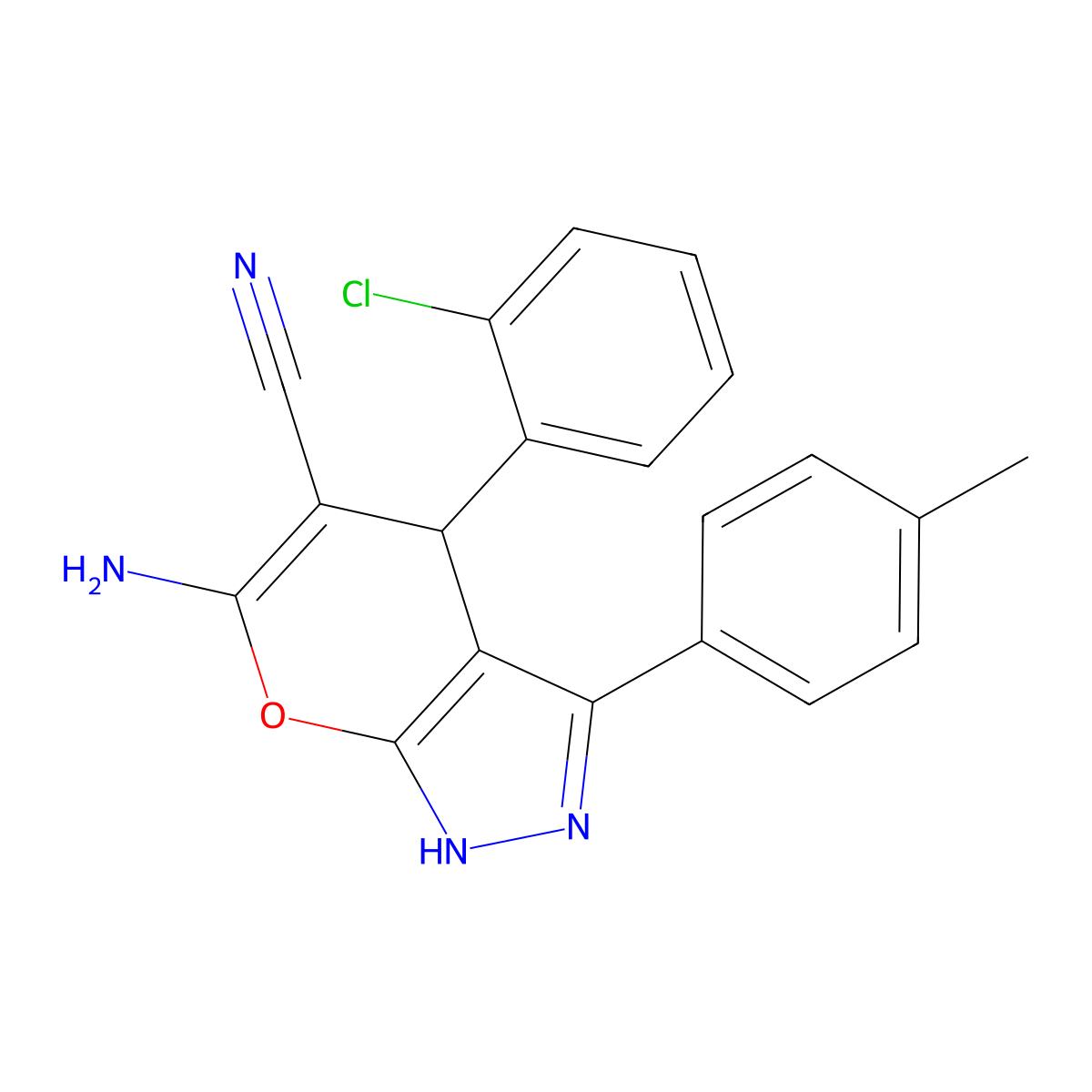 6-Amino-4-(2-chlorophenyl)-3-(4-methylphenyl)-2,4-dihydropyrano[2,3-c]pyrazole-5-carbonitrile molecular structure, CAS 494775-86-9