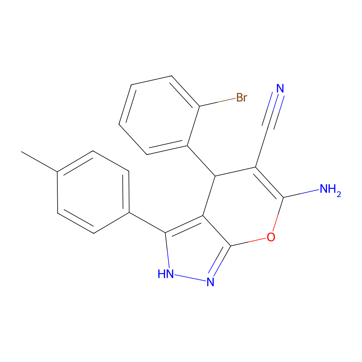 6-Amino-4-(2-bromophenyl)-3-(4-methylphenyl)-1,4-dihydropyrano[2,3-c]pyrazole-5-carbonitrile molecular structure, CAS 494775-87-0