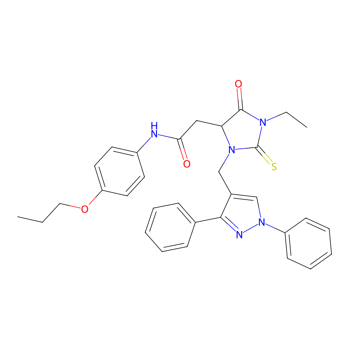 2-[3-[(1,3-diphenylpyrazol-4-yl)methyl]-1-ethyl-5-oxo-2-sulfanylideneimidazolidin-4-yl]-N-(4-propoxyphenyl)acetamide molecular structure, CAS 494790-52-2