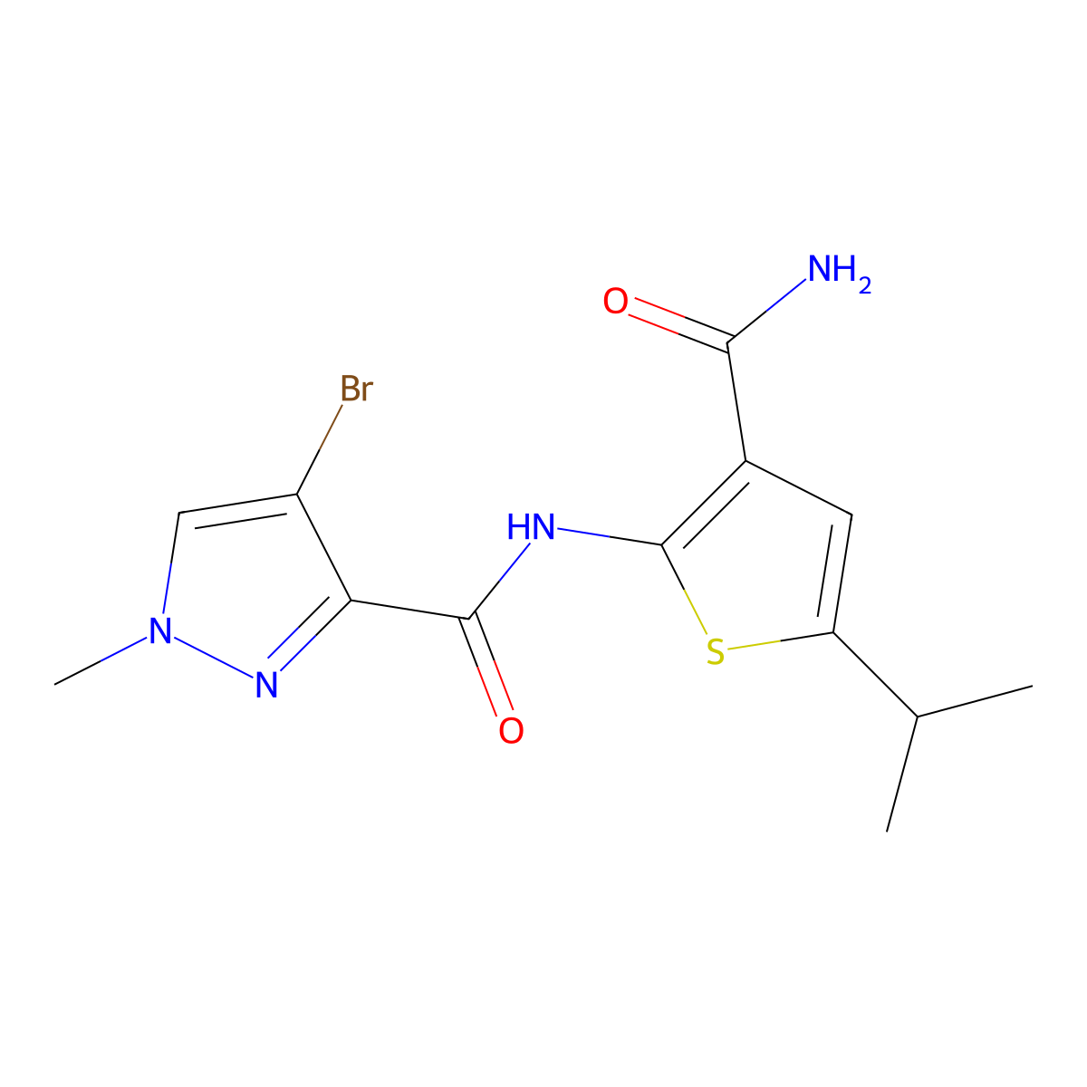 4-bromo-N-(3-carbamoyl-5-propan-2-ylthiophen-2-yl)-1-methylpyrazole-3-carboxamide molecular structure, CAS 494790-62-4