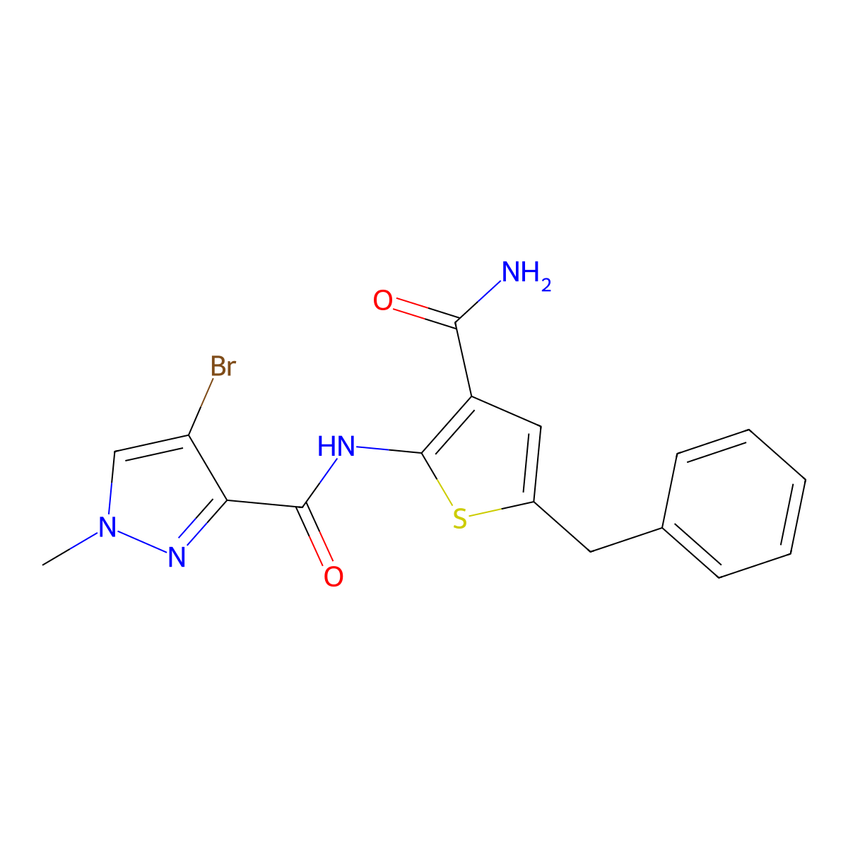 N-(5-benzyl-3-carbamoylthiophen-2-yl)-4-bromo-1-methylpyrazole-3-carboxamide molecular structure, CAS 494790-64-6