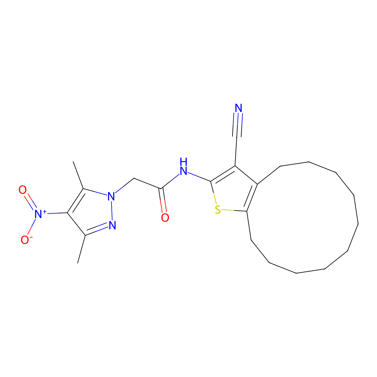 N-(3-cyano-4,5,6,7,8,9,10,11,12,13-decahydrocyclododeca[b]thiophen-2-yl)-2-(3,5-dimethyl-4-nitropyrazol-1-yl)acetamide molecular structure, CAS 494791-16-1