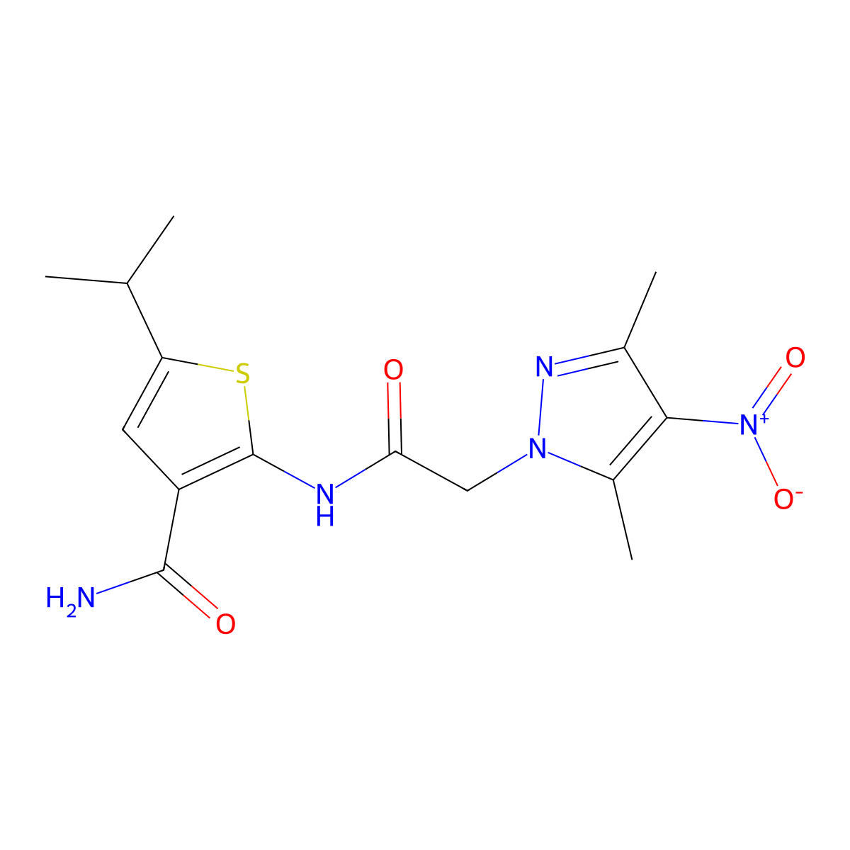 2-[[2-(3,5-Dimethyl-4-nitropyrazol-1-yl)acetyl]amino]-5-propan-2-ylthiophene-3-carboxamide molecular structure, CAS 494791-18-3