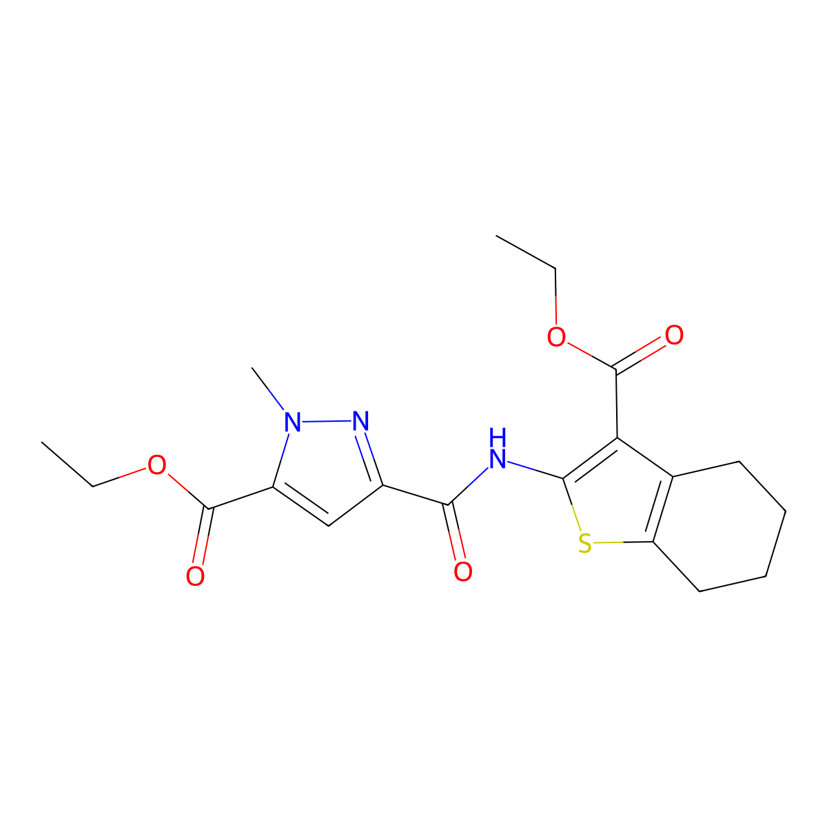 Ethyl 5-[(3-ethoxycarbonyl-4,5,6,7-tetrahydro-1-benzothiophen-2-yl)carbamoyl]-2-methylpyrazole-3-carboxylate molecular structure, CAS 494791-25-2