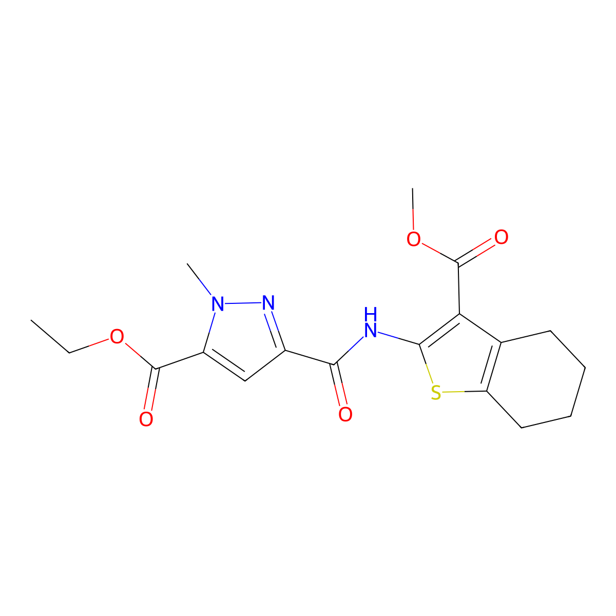 Ethyl 5-[(3-methoxycarbonyl-4,5,6,7-tetrahydro-1-benzothiophen-2-yl)carbamoyl]-2-methylpyrazole-3-carboxylate molecular structure, CAS 494791-27-4