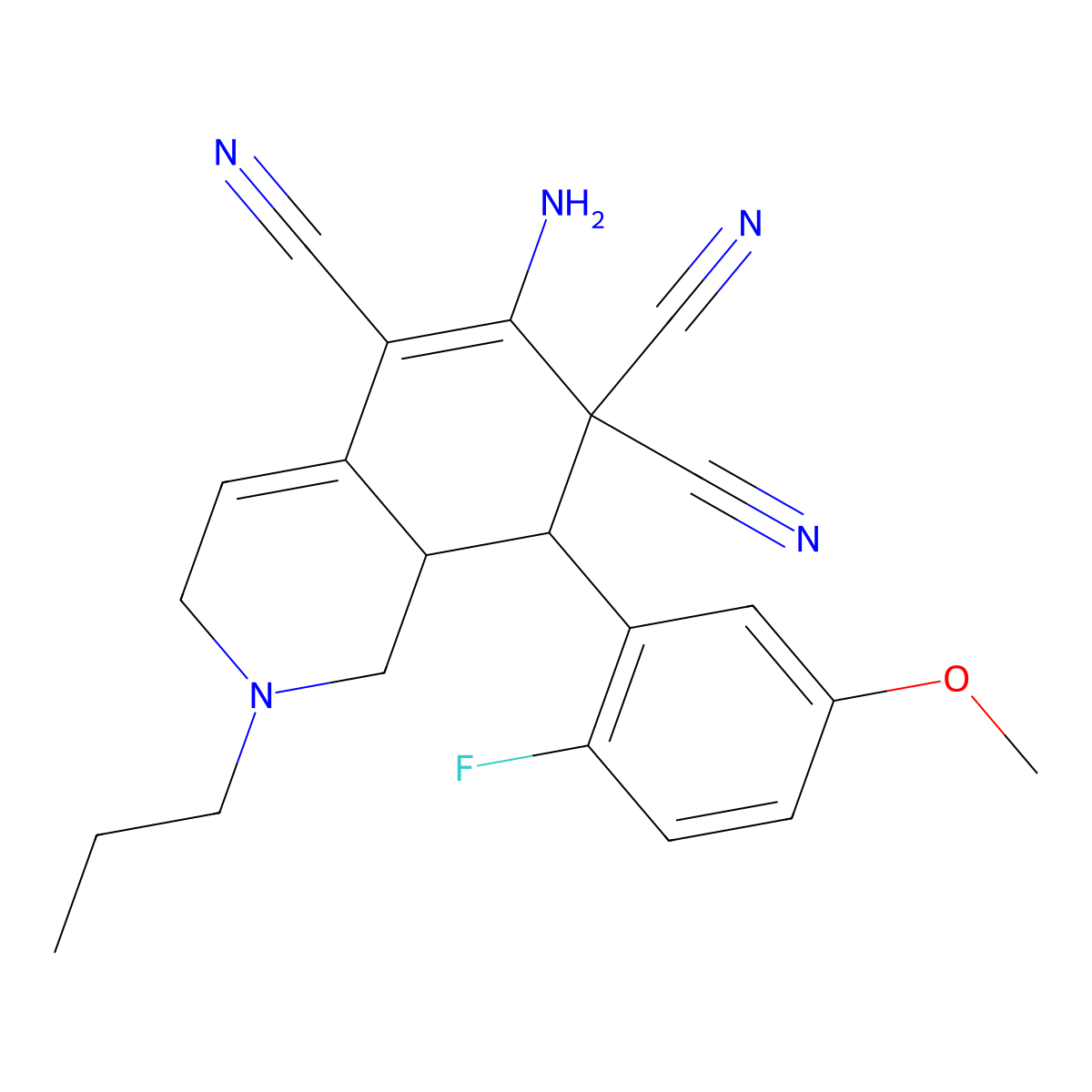 (8R,8aR)-6-amino-8-(2-fluoro-5-methoxyphenyl)-2-propyl-1,3,8,8a-tetrahydroisoquinoline-5,7,7-tricarbonitrile molecular structure, CAS 494792-39-1