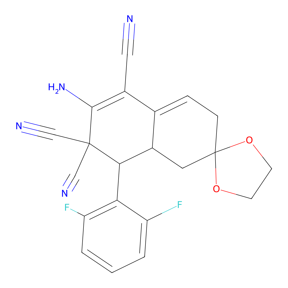 (4'R,4'aR)-2'-amino-4'-(2,6-difluorophenyl)spiro[1,3-dioxolane-2,6'-4,4a,5,7-tetrahydronaphthalene]-1',3',3'-tricarbonitrile molecular structure, CAS 494792-98-2