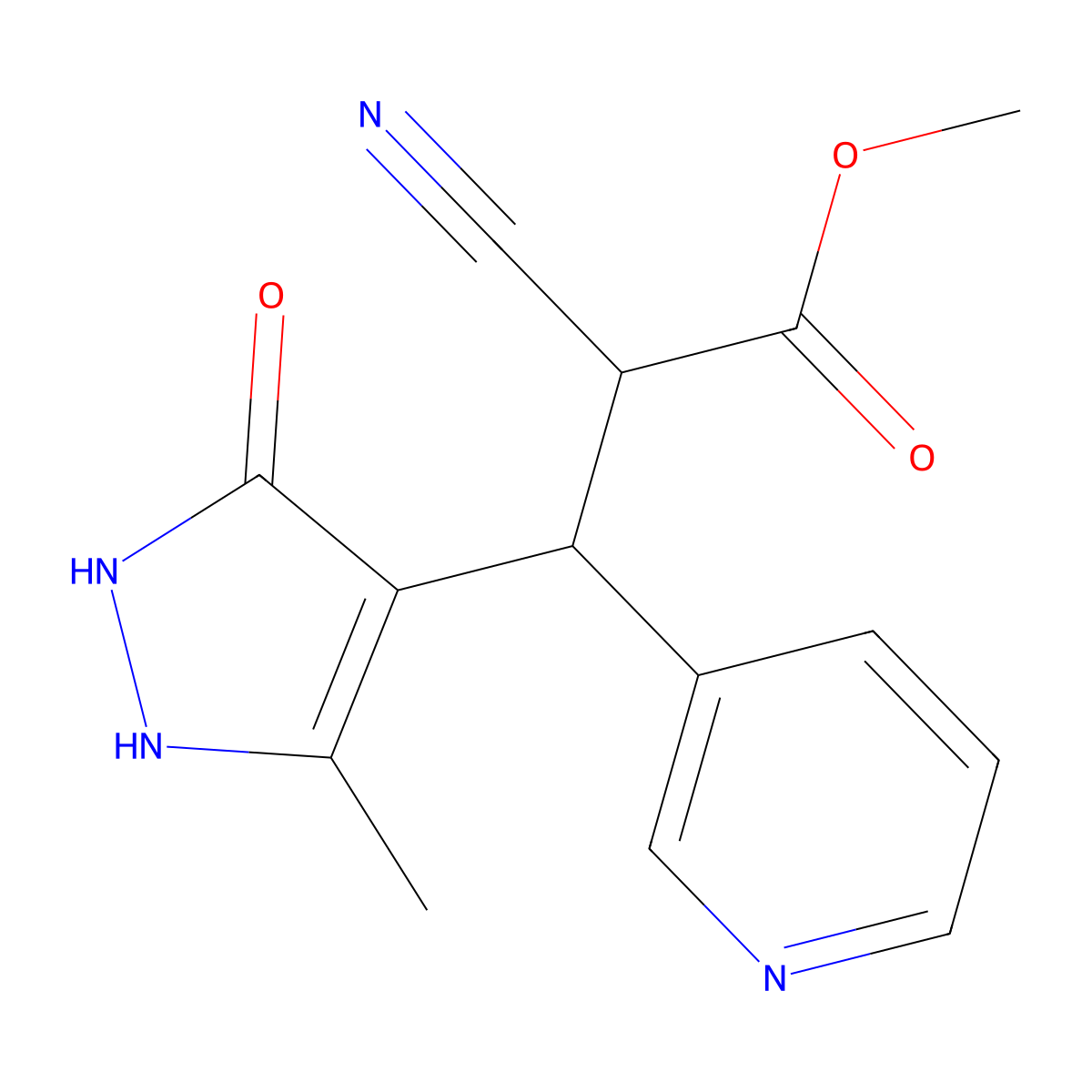 Methyl 2-cyano-3-(3-methyl-5-oxo-1,2-dihydropyrazol-4-yl)-3-pyridin-3-ylpropanoate molecular structure, CAS 494794-17-1
