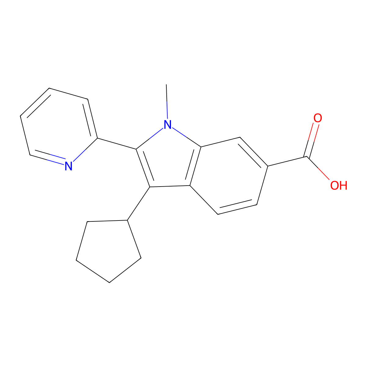 3-cyclopentyl-1-methyl-2-pyridin-2-yl-1H-indole-6-carboxylic acid molecular structure, CAS 494799-85-8