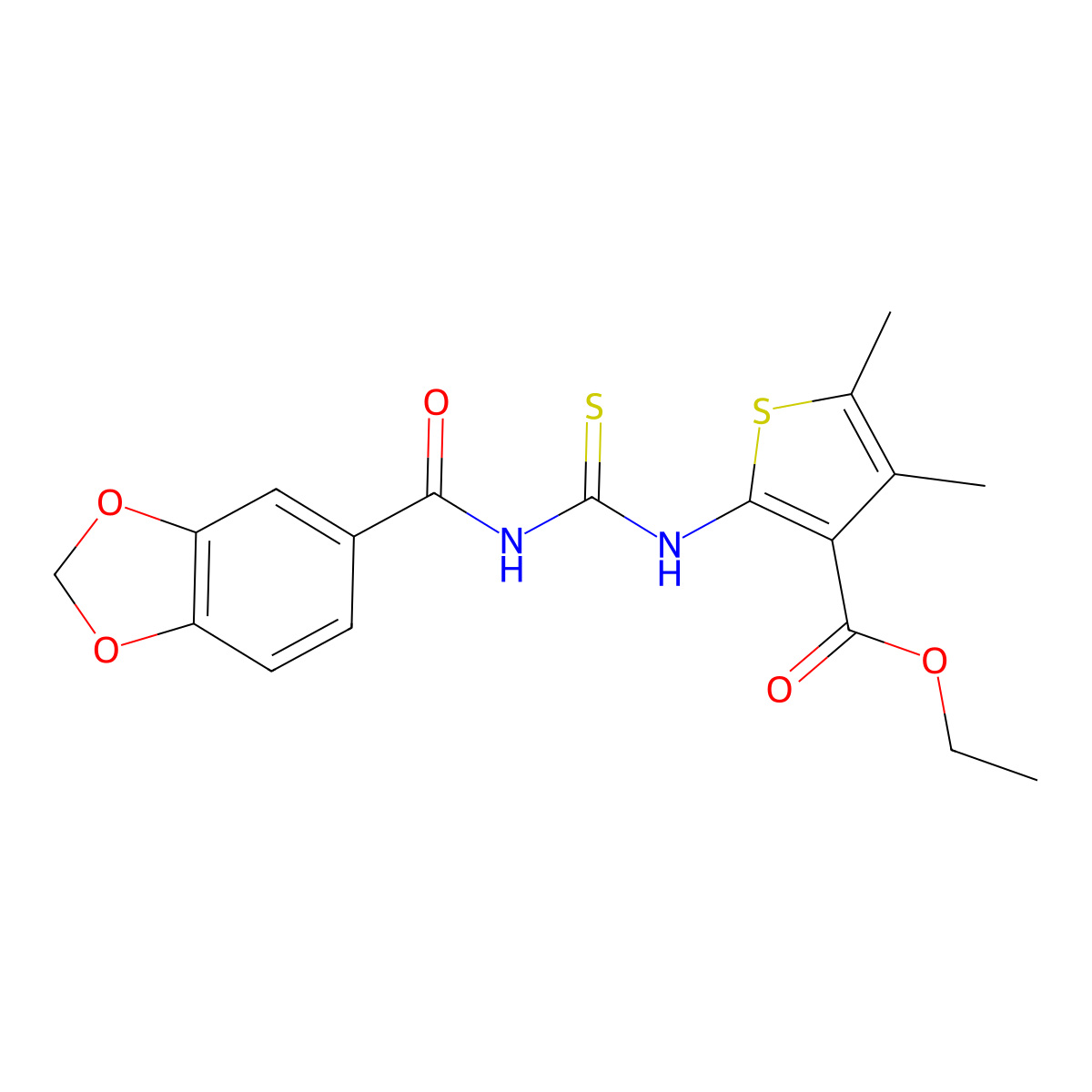 Ethyl 2-{[(1,3-benzodioxol-5-ylcarbonyl)carbamothioyl]amino}-4,5-dimethylthiophene-3-carboxylate molecular structure, CAS 494825-78-4