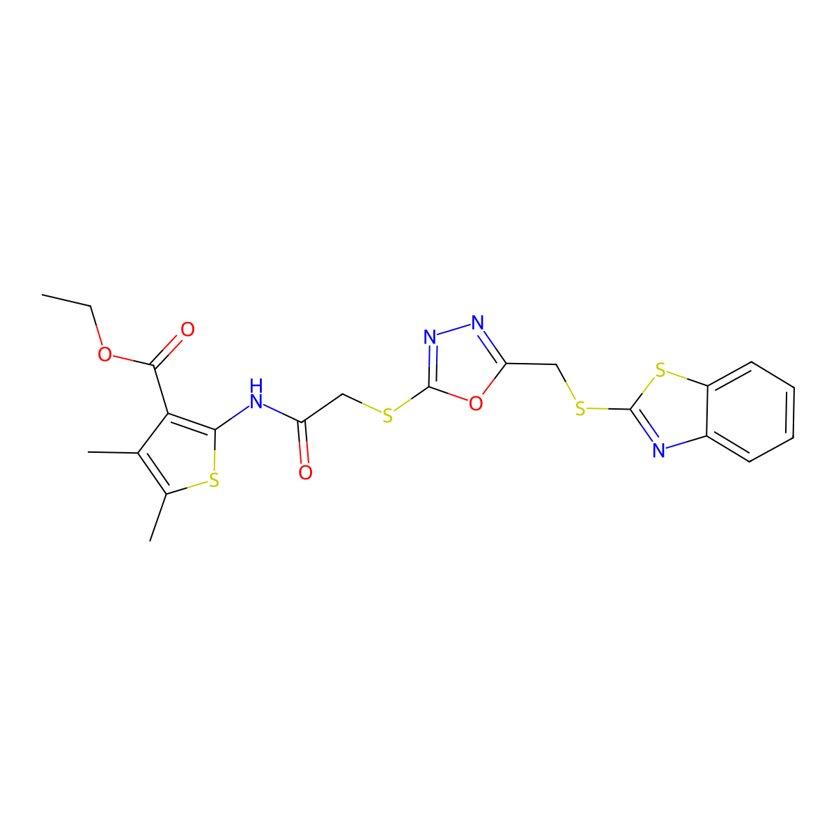 Ethyl 2-{[({5-[(1,3-benzothiazol-2-ylsulfanyl)methyl]-1,3,4-oxadiazol-2-yl}sulfanyl)acetyl]amino}-4,5-dimethylthiophene-3-carboxylate molecular structure, CAS 494825-85-3