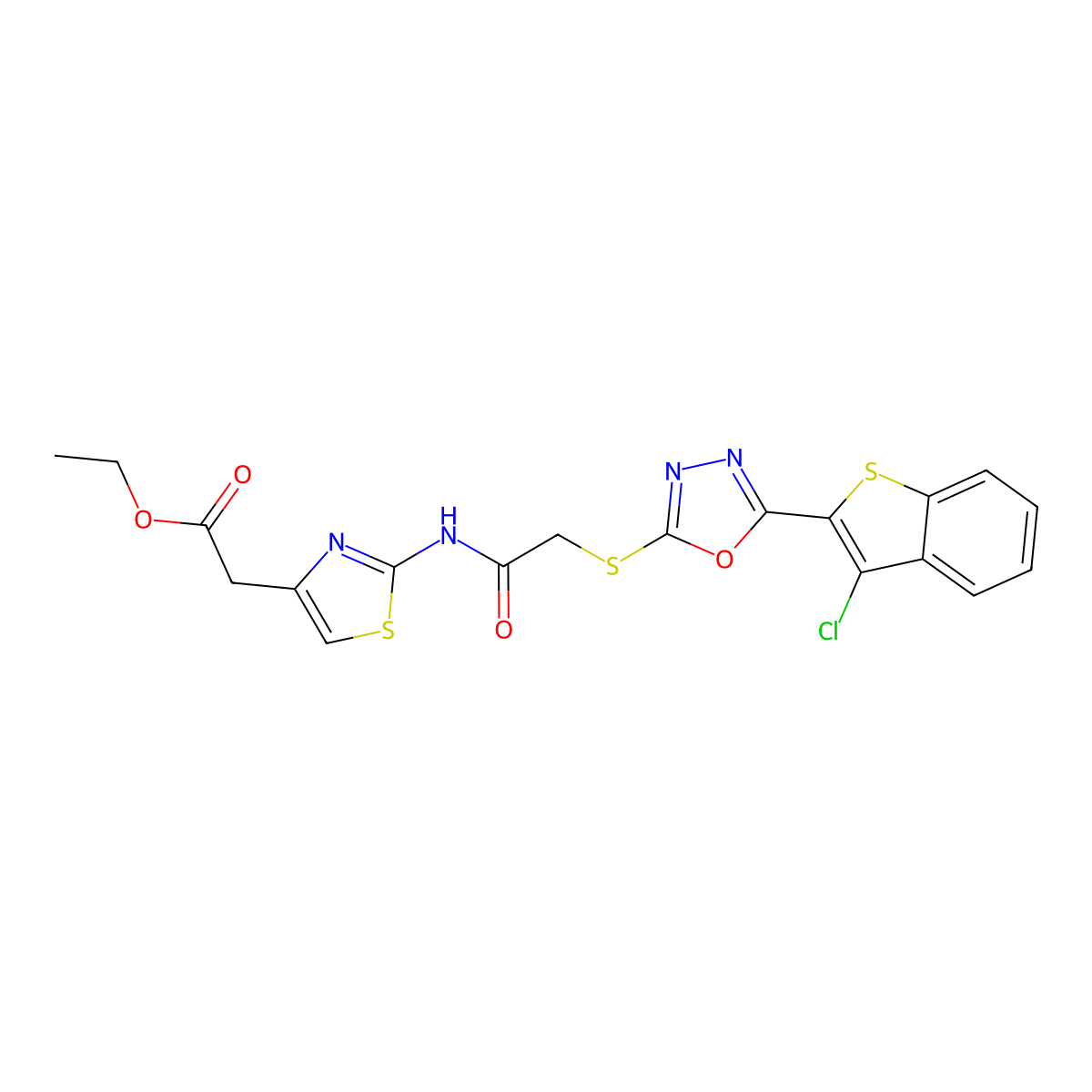 Ethyl {2-[({[5-(3-chloro-1-benzothiophen-2-yl)-1,3,4-oxadiazol-2-yl]sulfanyl}acetyl)amino]-1,3-thiazol-4-yl}acetate molecular structure, CAS 494825-90-0