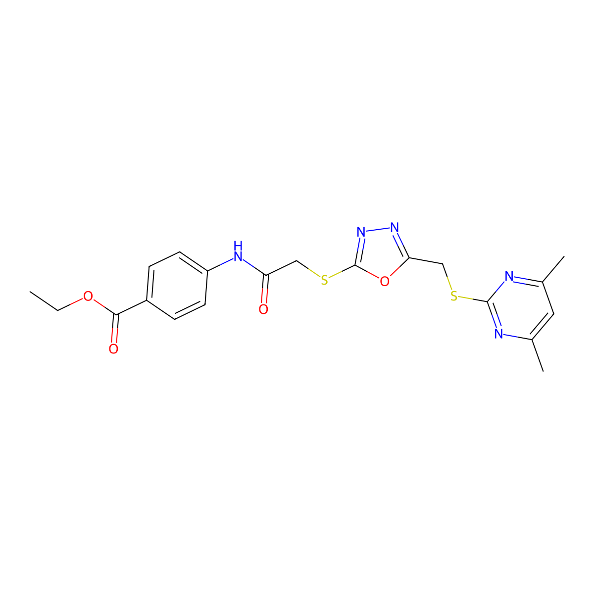 Ethyl 4-({[(5-{[(4,6-dimethylpyrimidin-2-yl)sulfanyl]methyl}-1,3,4-oxadiazol-2-yl)sulfanyl]acetyl}amino)benzoate molecular structure, CAS 494825-95-5