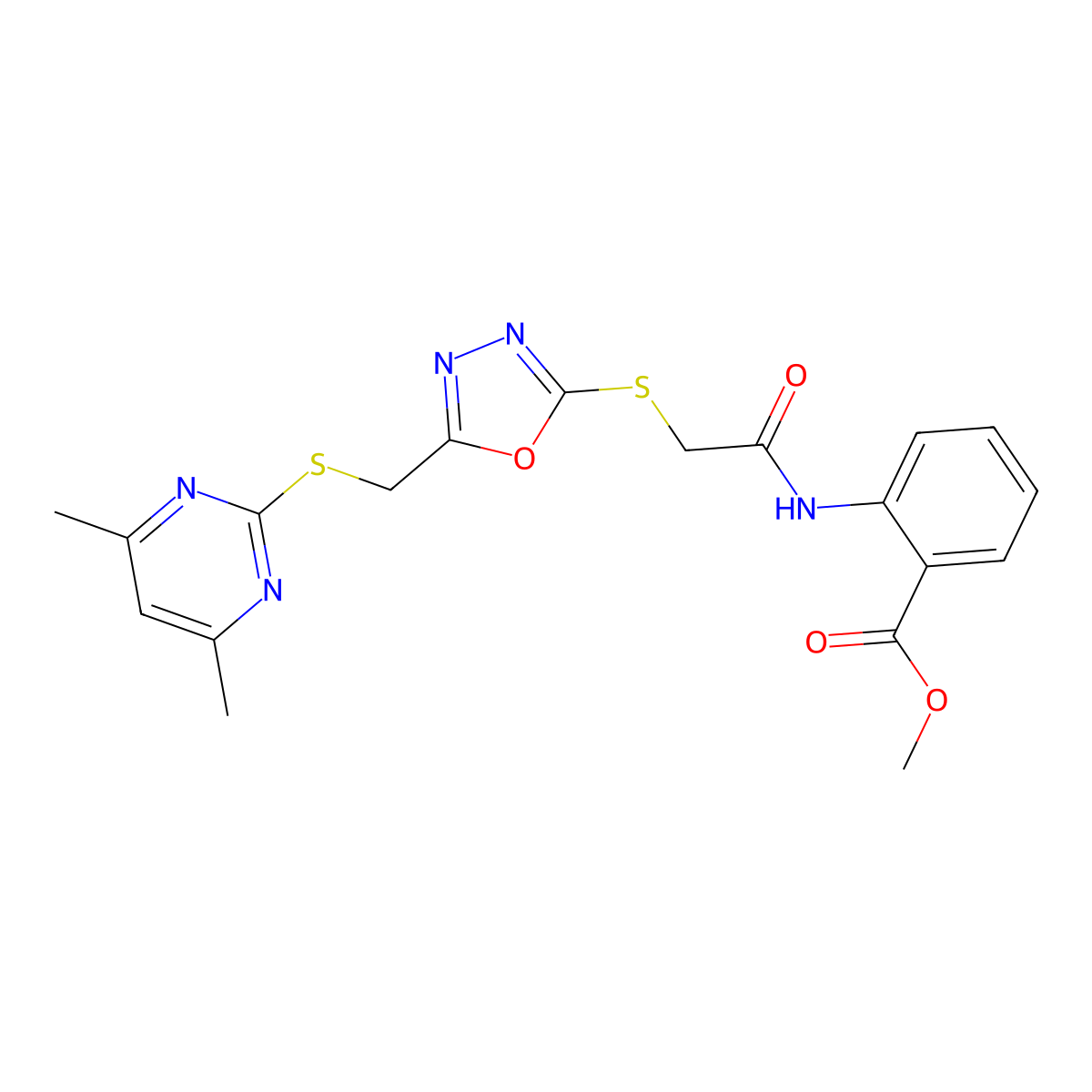 Methyl 2-({[(5-{[(4,6-dimethylpyrimidin-2-yl)sulfanyl]methyl}-1,3,4-oxadiazol-2-yl)sulfanyl]acetyl}amino)benzoate molecular structure, CAS 494825-96-6