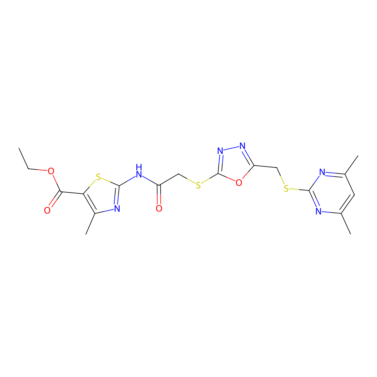 Ethyl 2-(2-((5-(((4,6-dimethylpyrimidin-2-yl)thio)methyl)-1,3,4-oxadiazol-2-yl)thio)acetamido)-4-methylthiazole-5-carboxylate molecular structure, CAS 494825-99-9