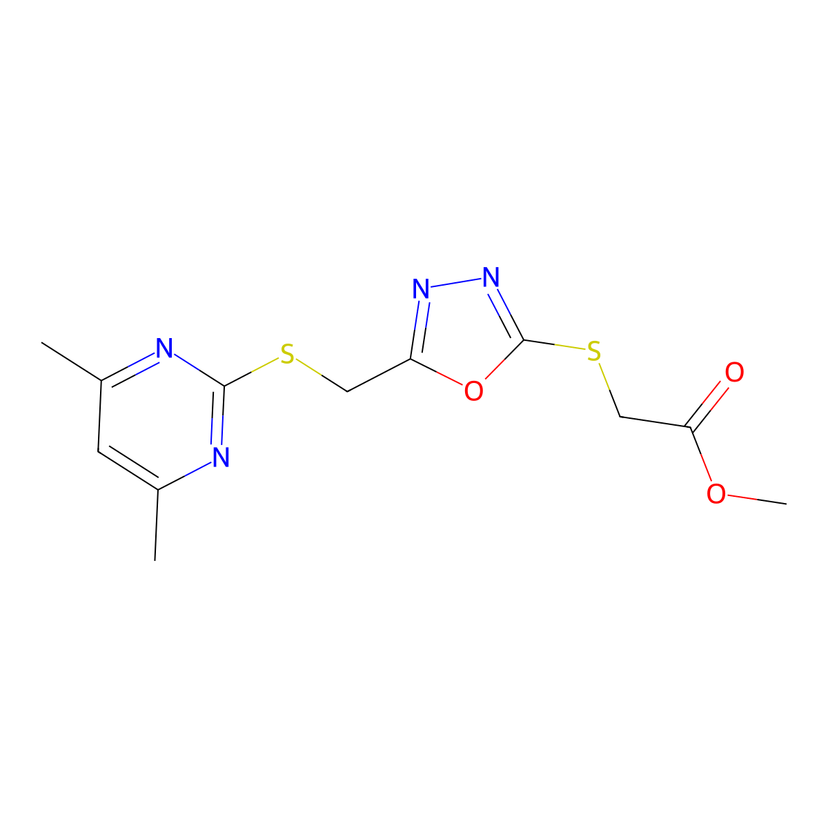 Methyl 2-[[5-[(4,6-dimethylpyrimidin-2-yl)sulfanylmethyl]-1,3,4-oxadiazol-2-yl]sulfanyl]acetate molecular structure, CAS 494826-04-9