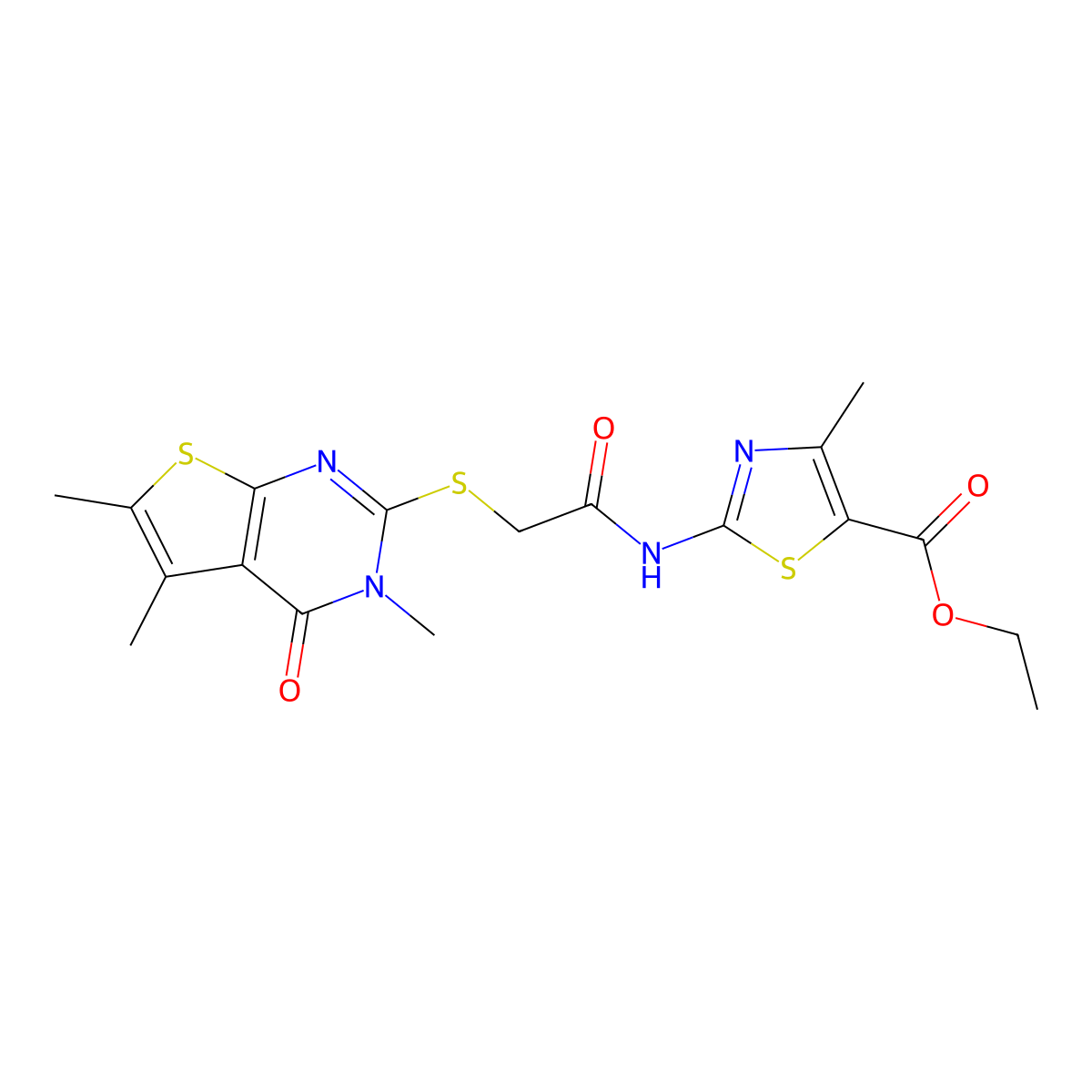 Ethyl 4-methyl-2-({[(3,5,6-trimethyl-4-oxo-3,4-dihydrothieno[2,3-d]pyrimidin-2-yl)sulfanyl]acetyl}amino)-1,3-thiazole-5-carboxylate molecular structure, CAS 494826-06-1