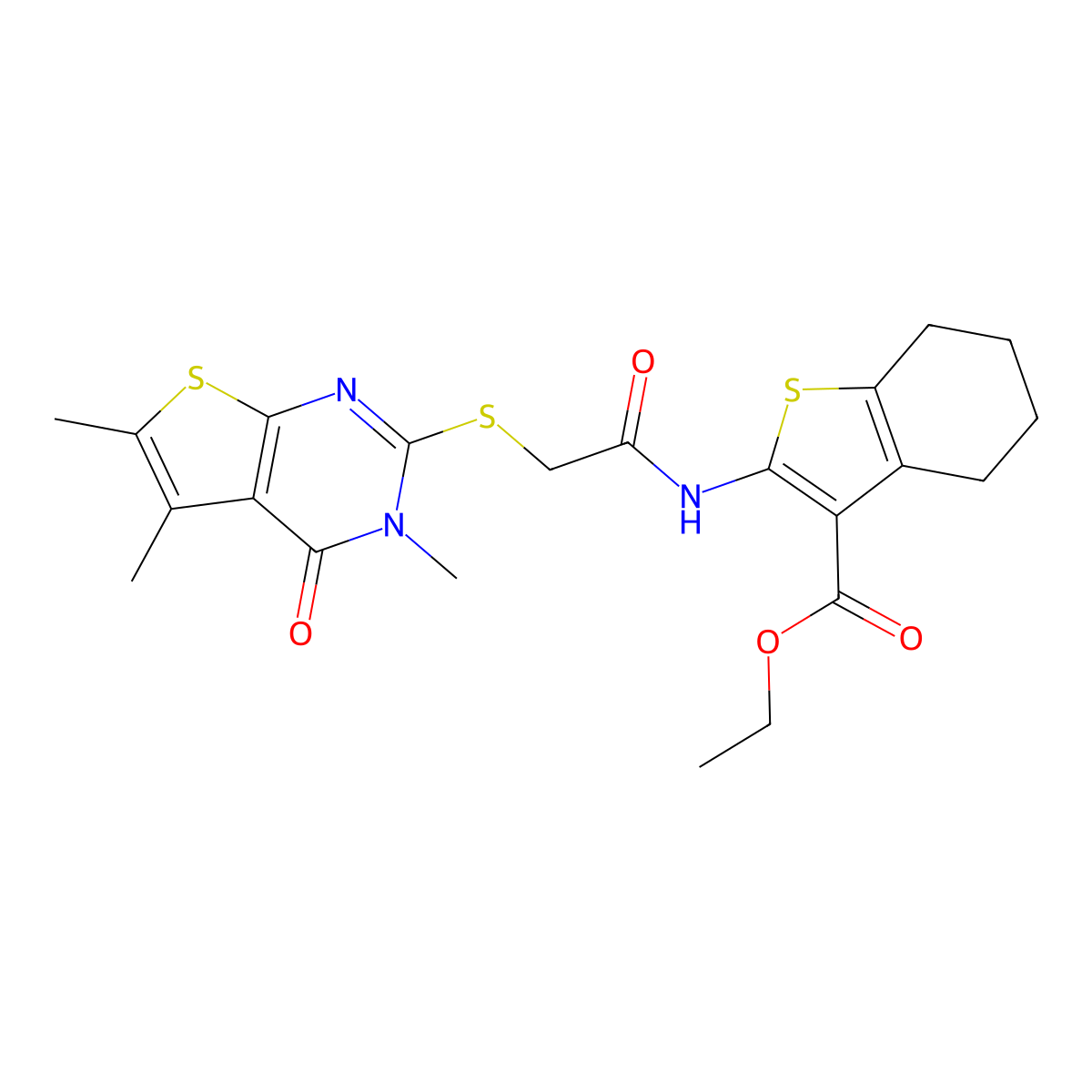 Ethyl 2-[2-(3,5,6-trimethyl-4-oxo-3-hydrothiopheno[2,3-d]pyrimidin-2-ylthio)ac etylamino]-4,5,6,7-tetrahydrobenzo[b]thiophene-3-carboxylate molecular structure, CAS 494826-07-2