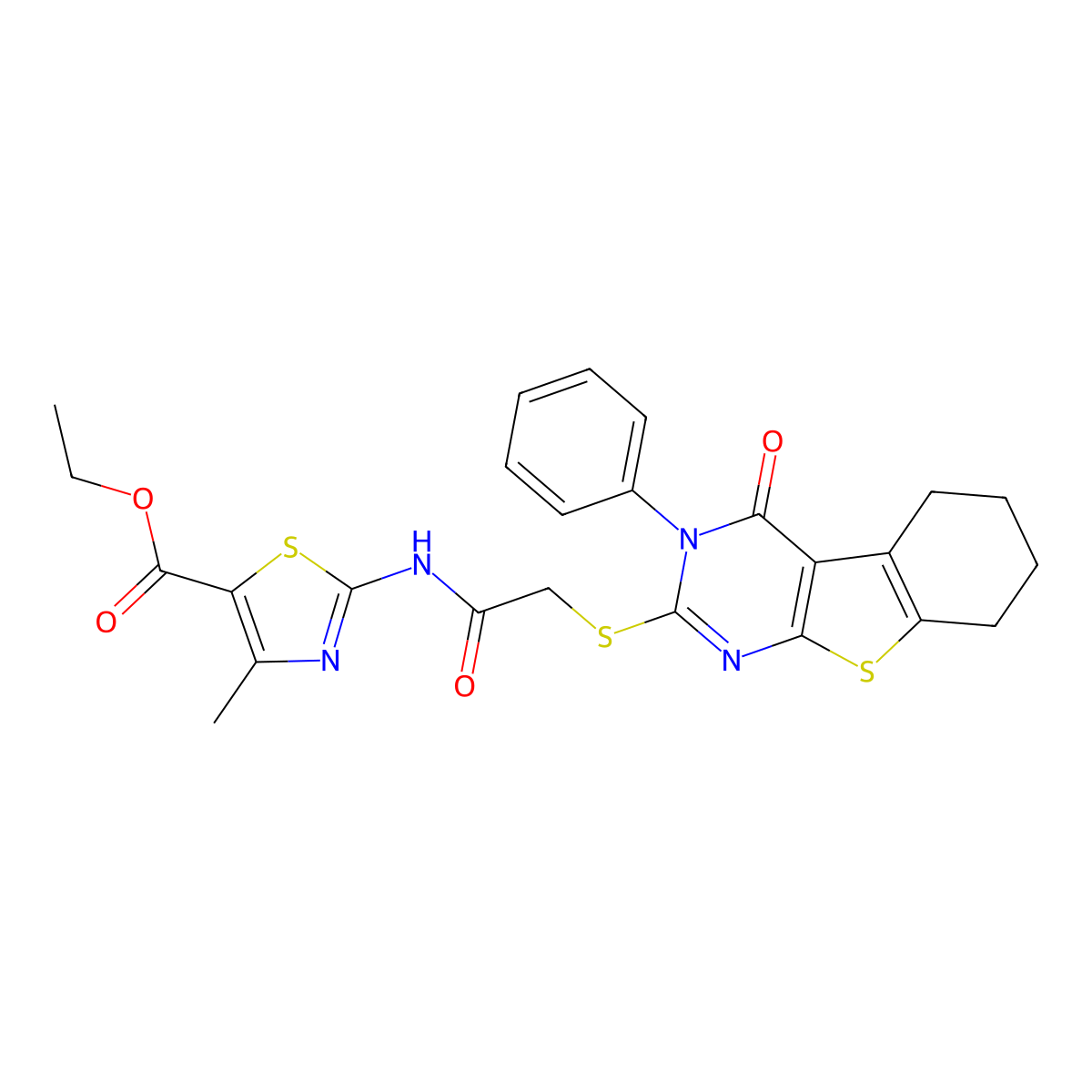 Ethyl 4-methyl-2-[2-(4-oxo-3-phenyl(3,5,6,7,8-pentahydrobenzo[b]thiopheno[2,3-d]pyrimidin-2-ylthio))acetylamino]-1,3-thiazole-5-carboxylate molecular structure, CAS 494826-08-3