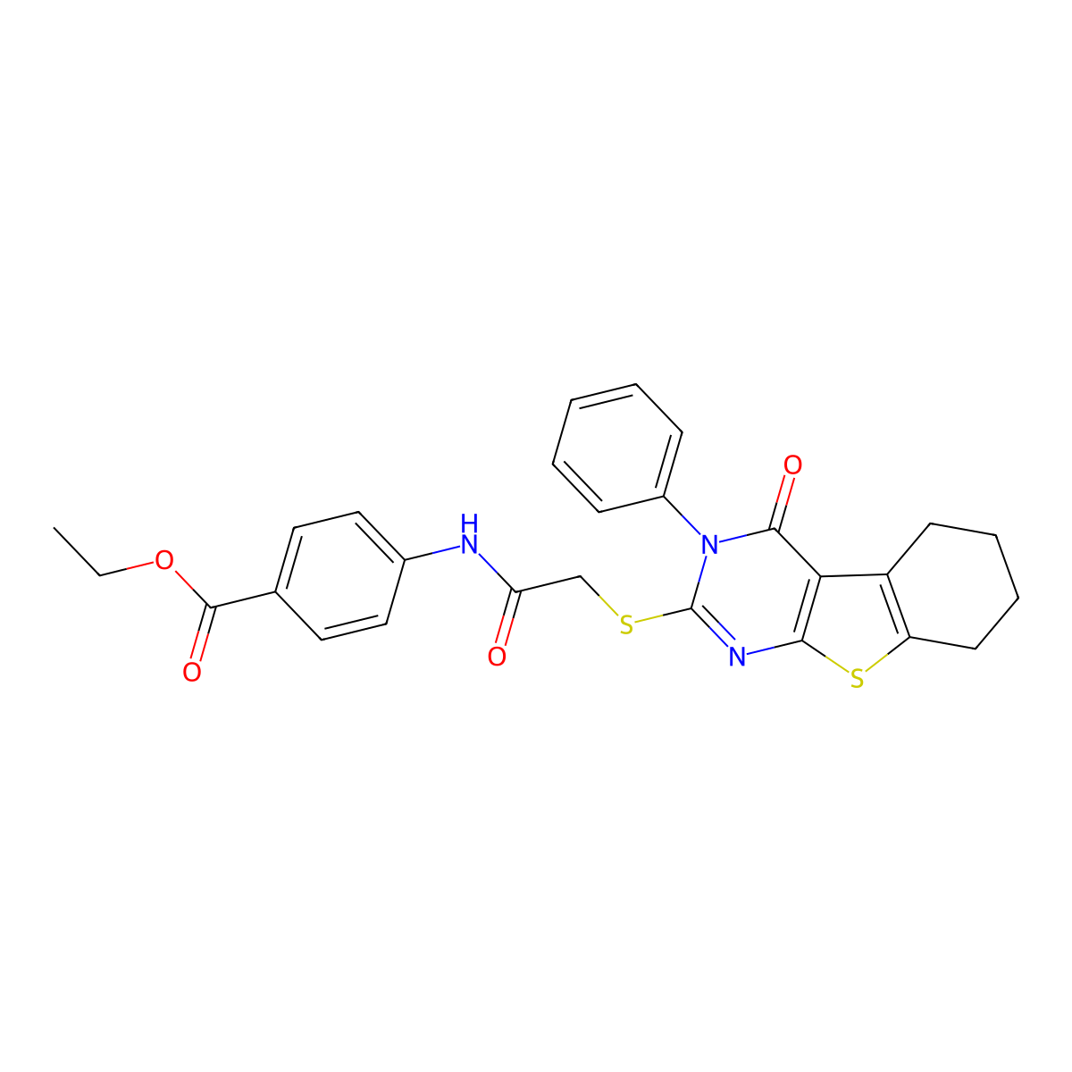 Ethyl 4-[2-(4-oxo-3-phenyl-3,5,6,7,8-pentahydrobenzo[b]thiopheno[2,3-d]pyrimid in-2-ylthio)acetylamino]benzoate molecular structure, CAS 494826-09-4