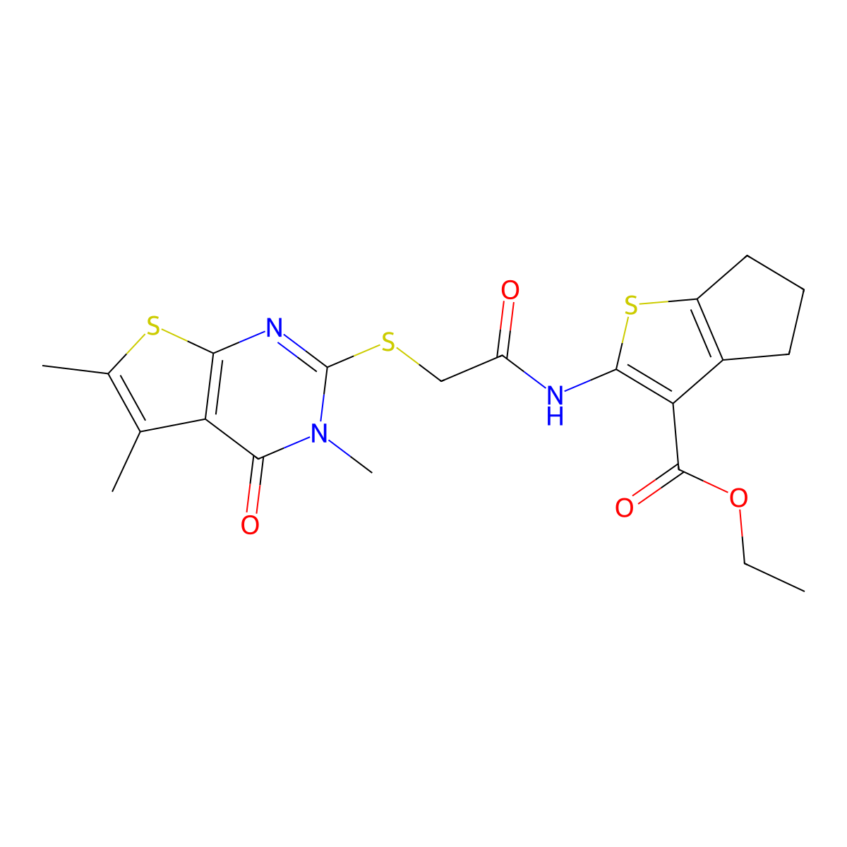 ethyl 2-({[(3,5,6-trimethyl-4-oxo-3,4-dihydrothieno[2,3-d]pyrimidin-2-yl)sulfanyl]acetyl}amino)-5,6-dihydro-4H-cyclopenta[b]thiophene-3-carboxylate molecular structure, CAS 494826-11-8