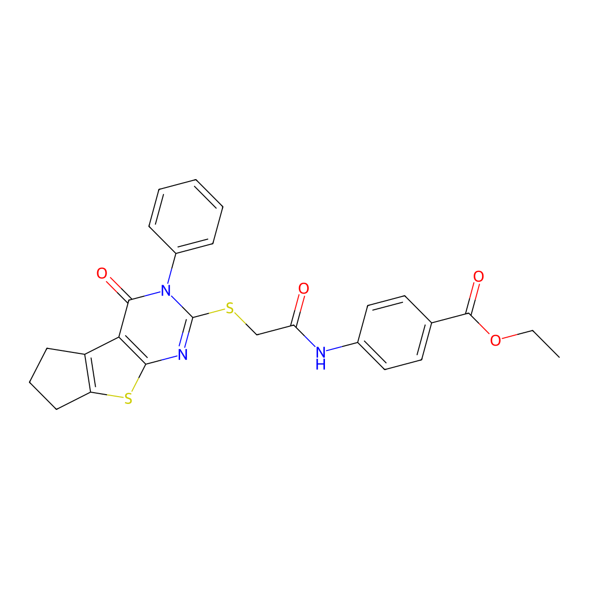 Ethyl 4-[2-(4-oxo-3-phenyl-3,5,6,7-tetrahydrocyclopenta[2,1-d]pyrimidino[4,5-b]thiophen-2-ylthio)acetylamino]benzoate molecular structure, CAS 494826-12-9