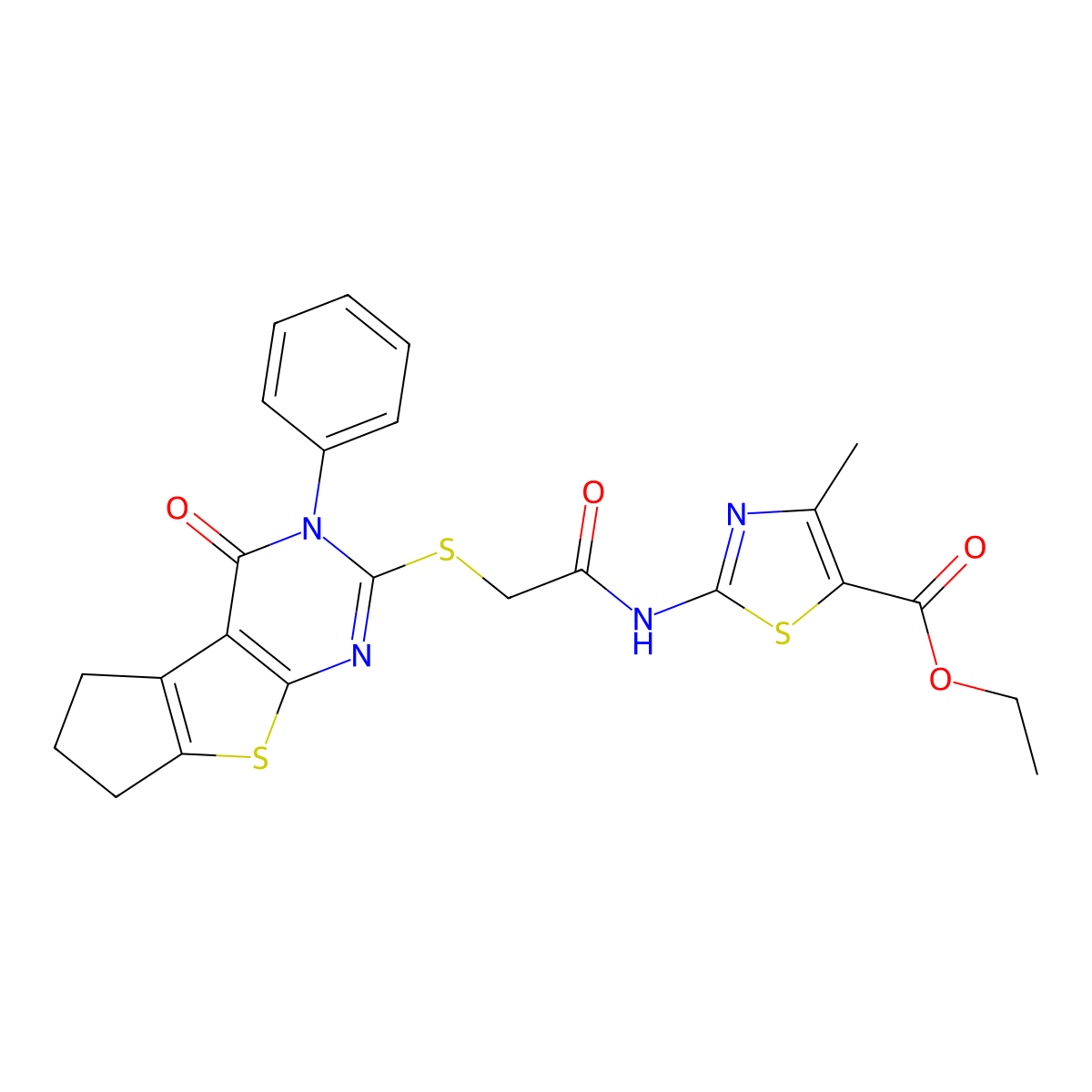 Ethyl 4-methyl-2-[2-(4-oxo-3-phenyl(3,5,6,7-tetrahydrocyclopenta[2,1-d]pyrimid ino[4,5-b]thiophen-2-ylthio))acetylamino]-1,3-thiazole-5-carboxylate molecular structure, CAS 494826-14-1