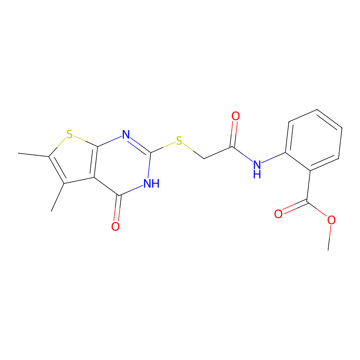 methyl 2-[[2-[(5,6-dimethyl-4-oxo-3H-thieno[2,3-d]pyrimidin-2-yl)sulfanyl]acetyl]amino]benzoate molecular structure, CAS 494826-15-2